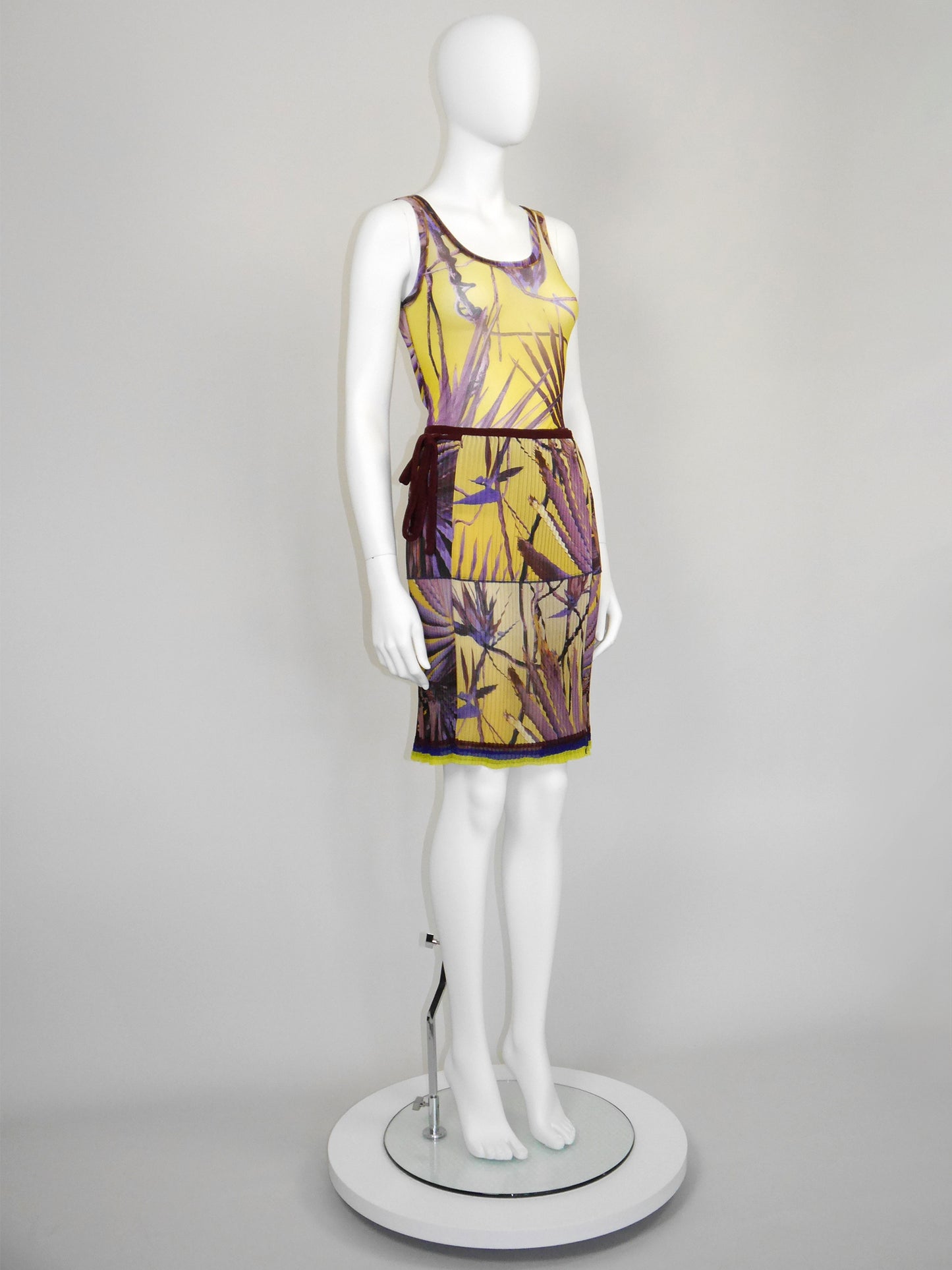 JEAN PAUL GAULTIER 1990s 2000s Vintage Palm Print Mesh Top & Pleated Wrap Skirt Size L
