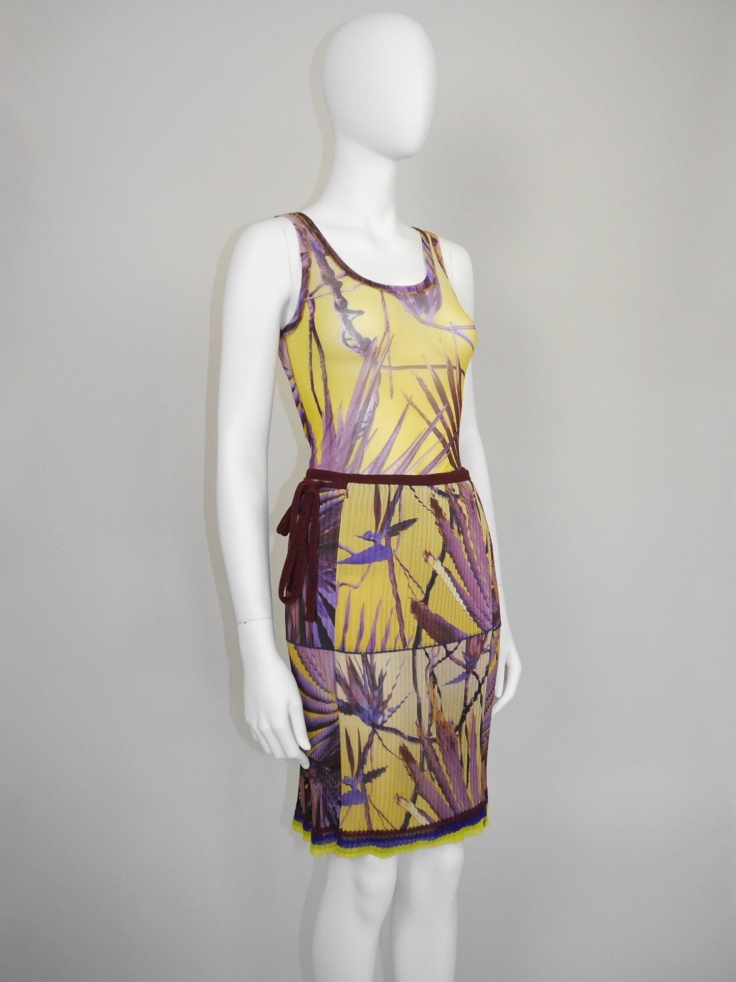 JEAN PAUL GAULTIER 1990s 2000s Vintage Palm Print Mesh Top & Pleated Wrap Skirt Size L