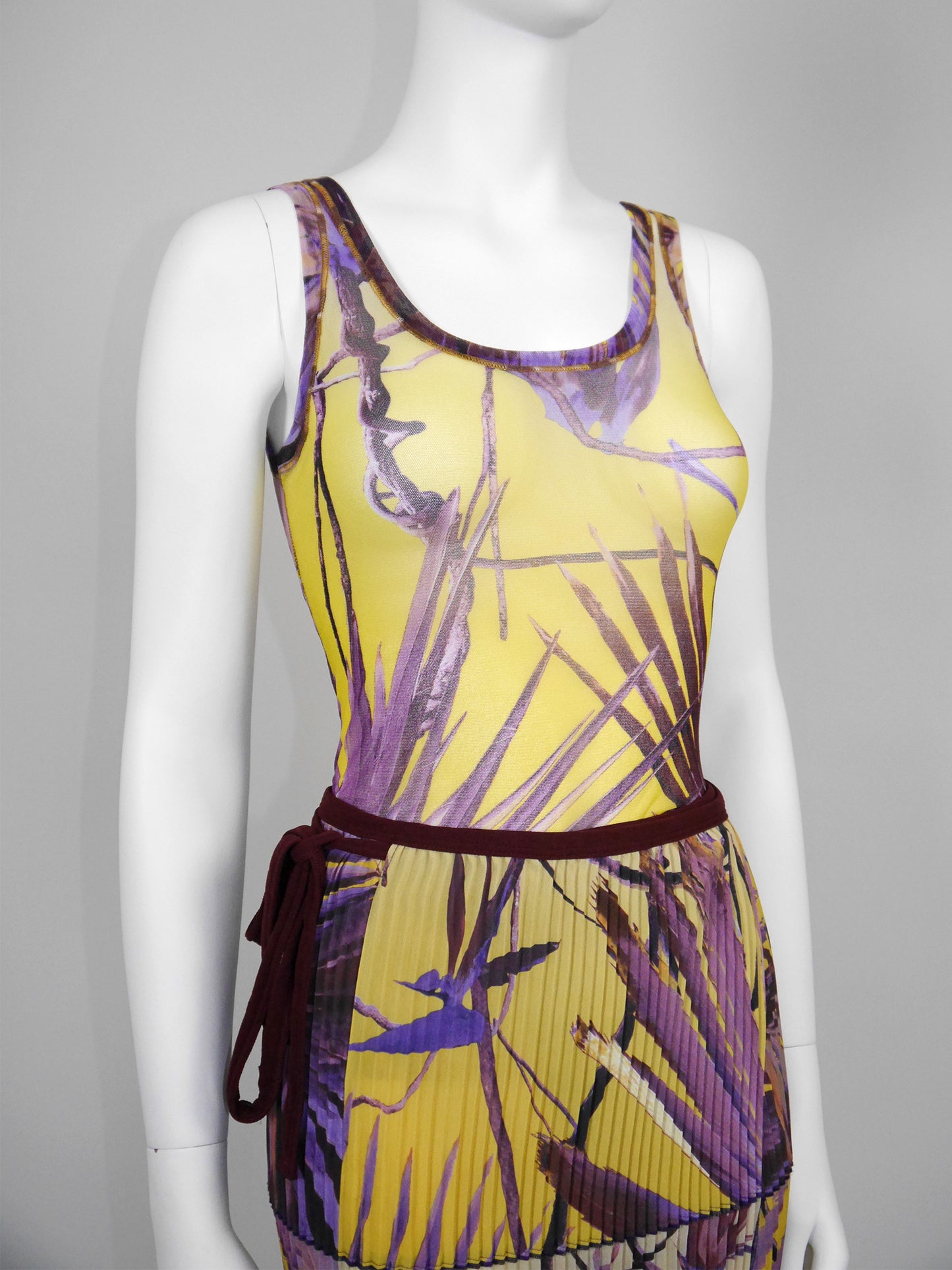 JEAN PAUL GAULTIER 1990s 2000s Vintage Palm Print Mesh Top & Pleated Wrap Skirt Size L