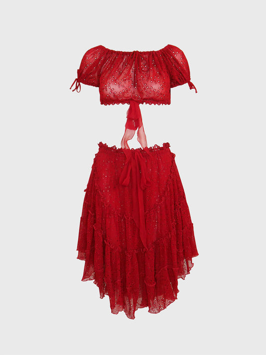 JEAN PAUL GAULTIER 1990s 2000s Vintage Red Lace Top & Ruffled Skirt Set NWT Size S-M