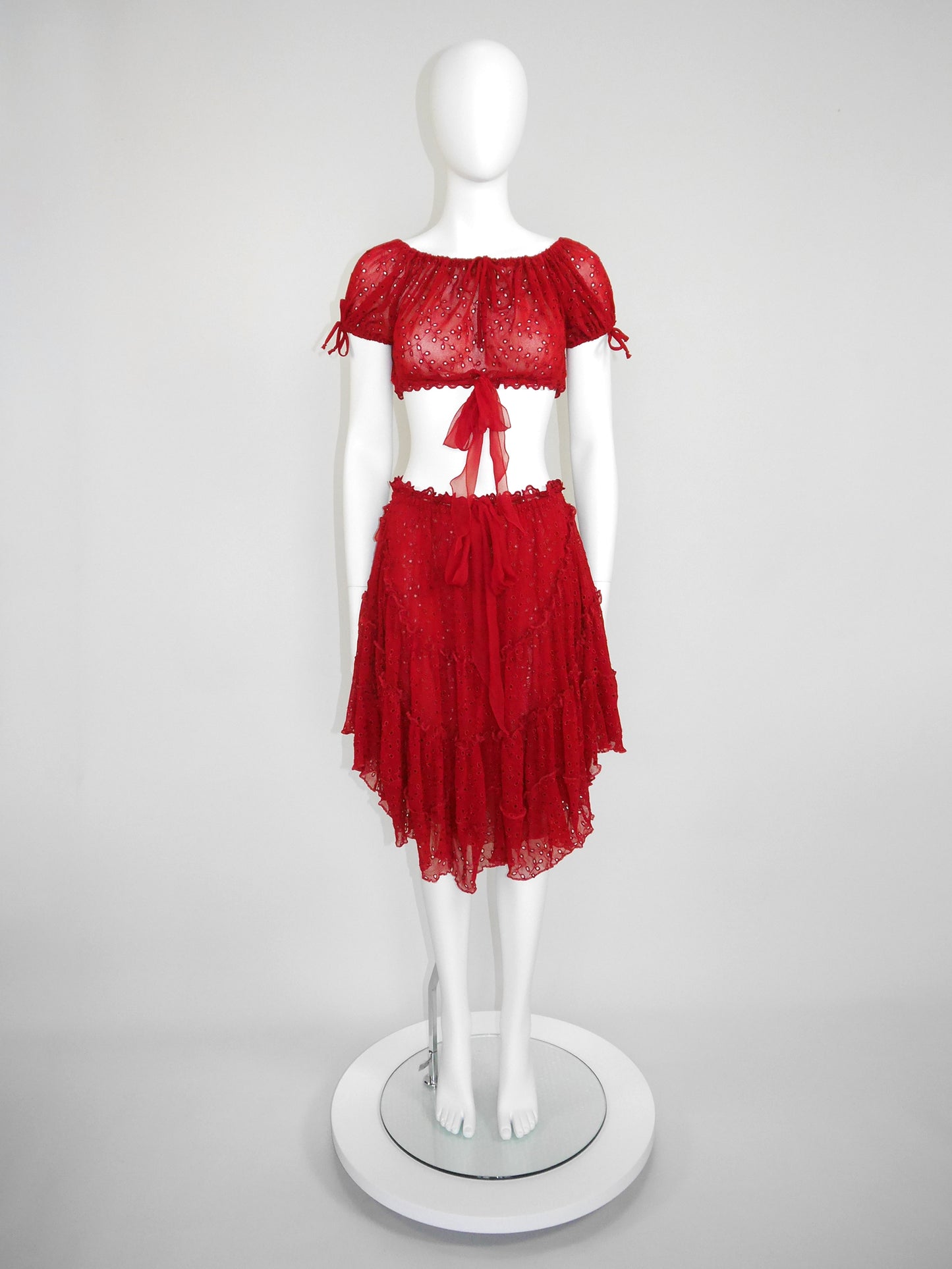 JEAN PAUL GAULTIER 1990s 2000s Vintage Red Lace Top & Ruffled Skirt Set NWT Size S-M