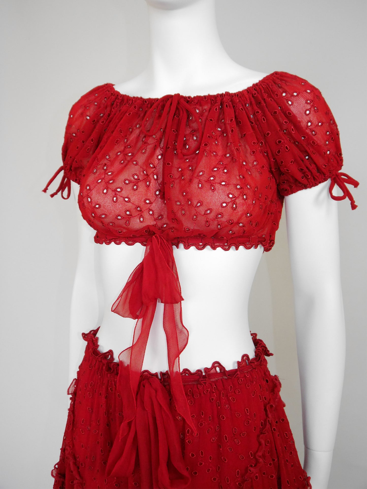 JEAN PAUL GAULTIER 1990s 2000s Vintage Red Lace Top & Ruffled Skirt Set NWT Size S-M