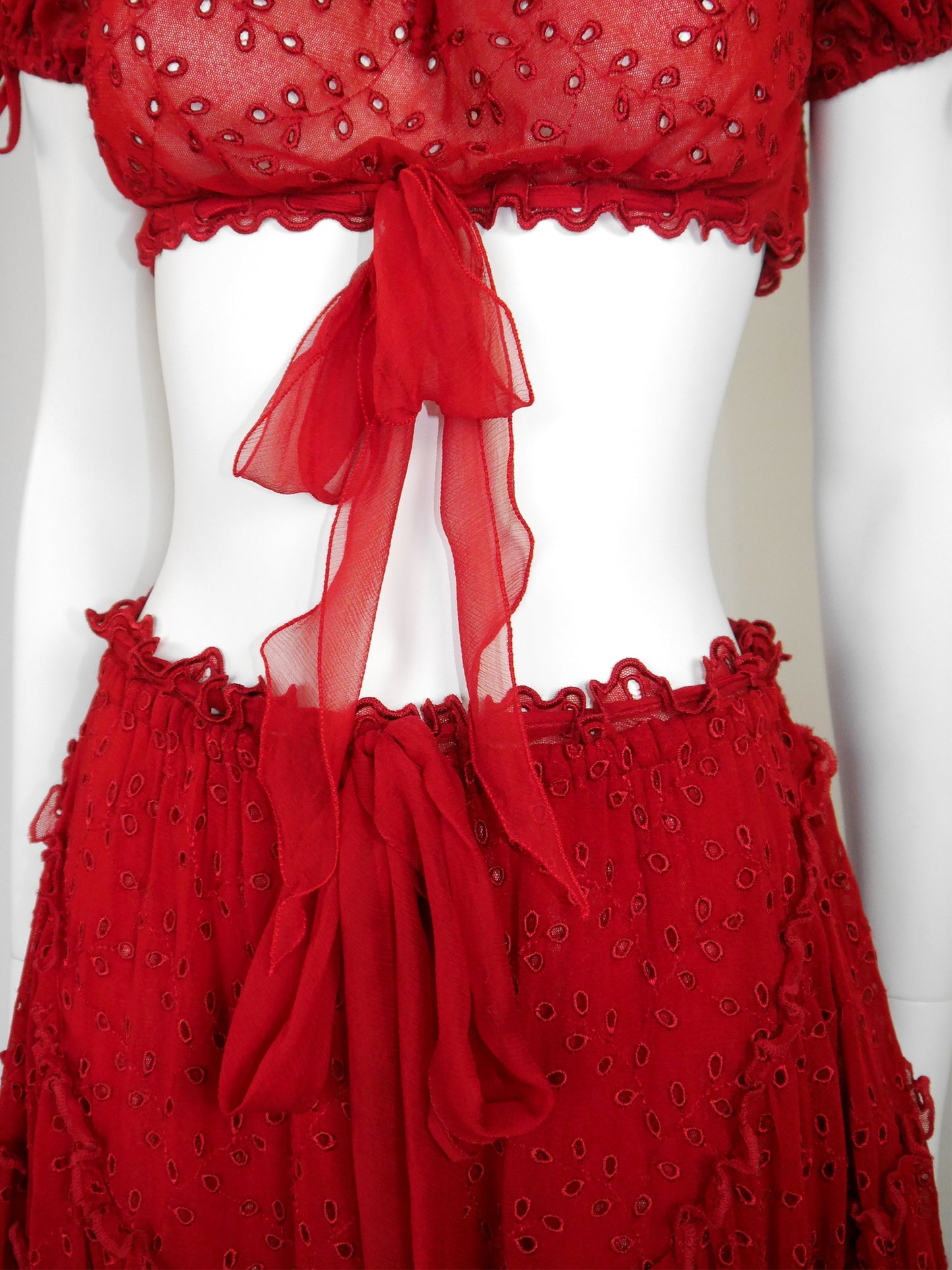 JEAN PAUL GAULTIER 1990s 2000s Vintage Red Lace Top & Ruffled Skirt Set NWT Size S-M