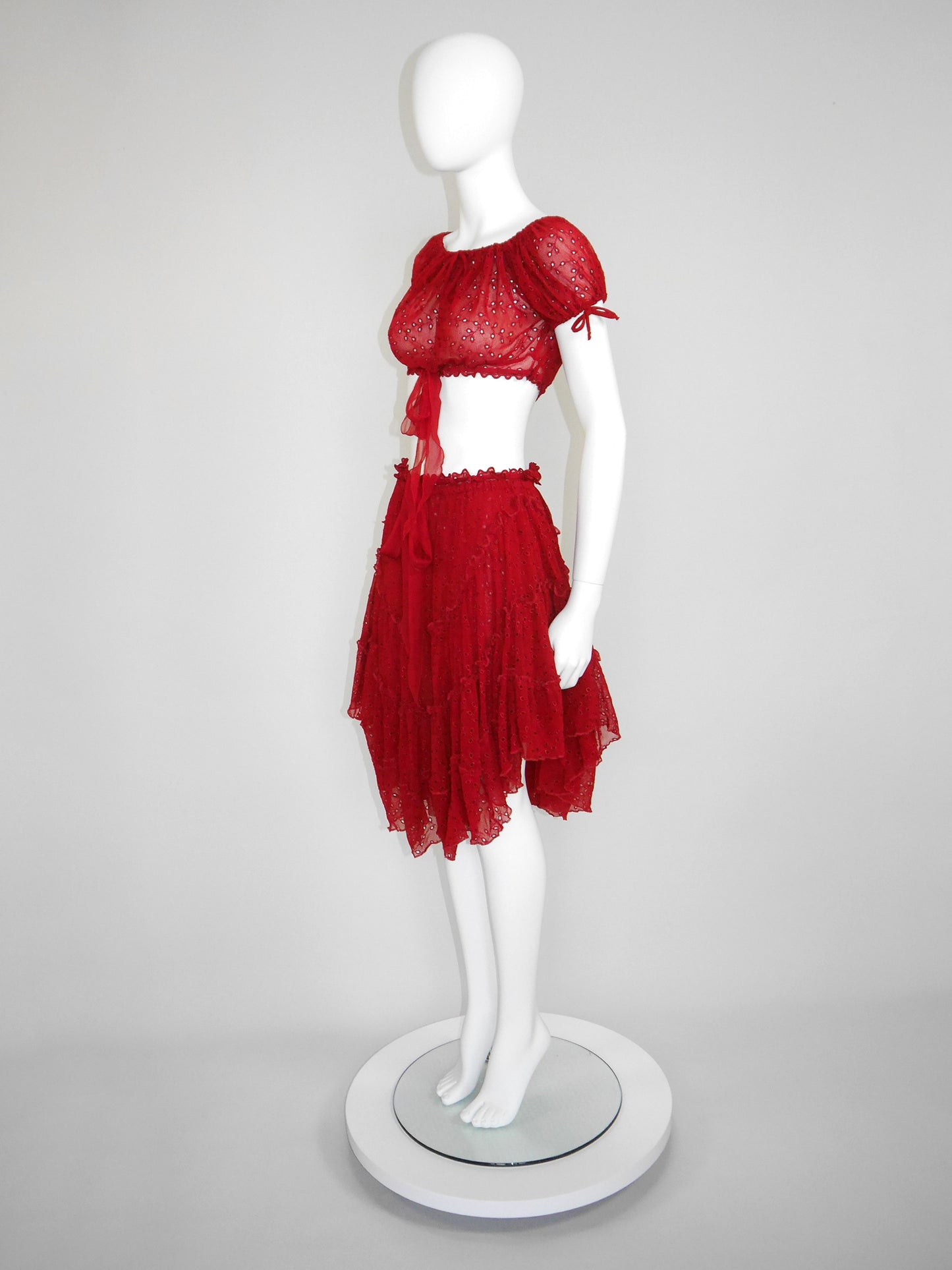 JEAN PAUL GAULTIER 1990s 2000s Vintage Red Lace Top & Ruffled Skirt Set NWT Size S-M