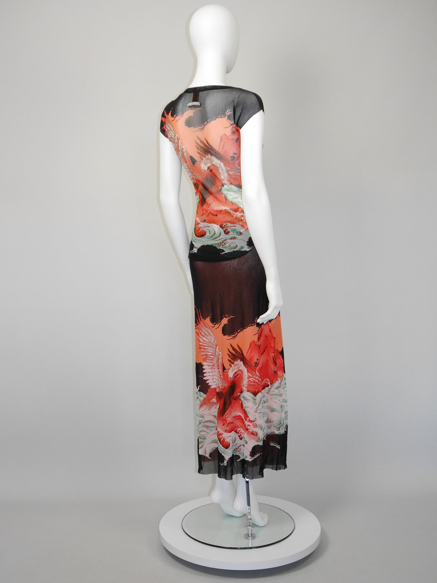 JEAN PAUL GAULTIER 1990s Vintage Mesh Shirt & Maxi Skirt Ensemble Dragon Eagle Print