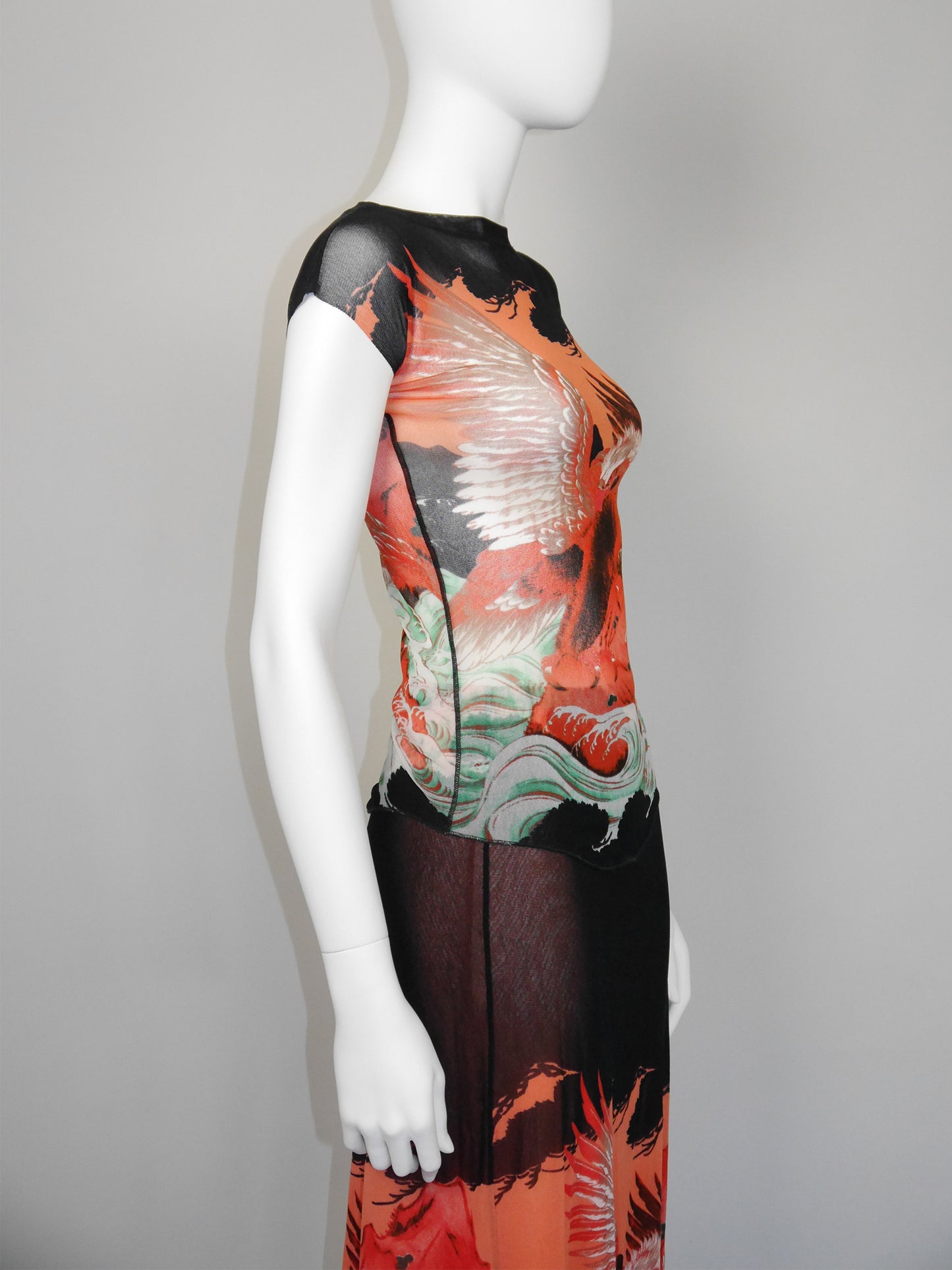 JEAN PAUL GAULTIER 1990s Vintage Mesh Shirt & Maxi Skirt Ensemble Dragon Eagle Print