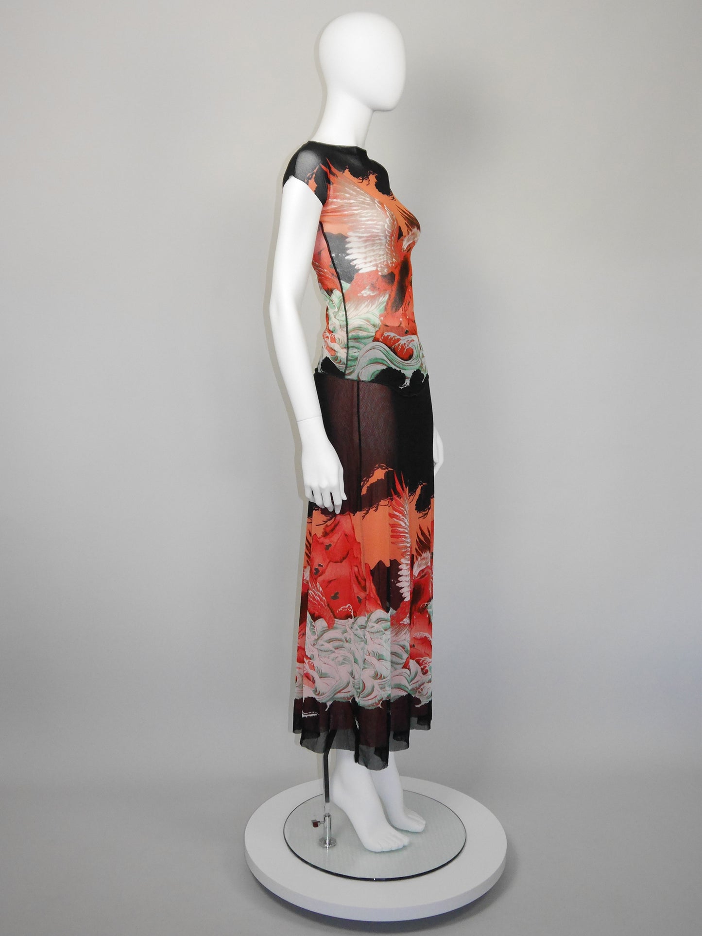 JEAN PAUL GAULTIER 1990s Vintage Mesh Shirt & Maxi Skirt Ensemble Dragon Eagle Print