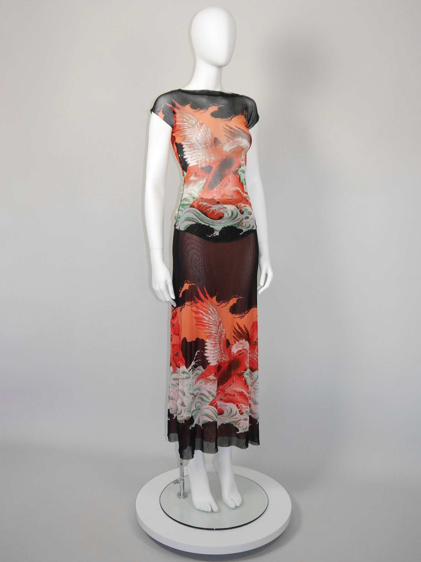 JEAN PAUL GAULTIER 1990s Vintage Mesh Shirt & Maxi Skirt Ensemble Dragon Eagle Print