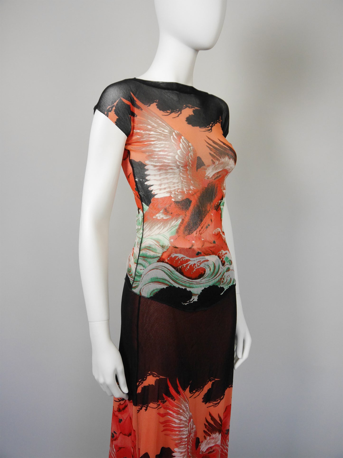 JEAN PAUL GAULTIER 1990s Vintage Mesh Shirt & Maxi Skirt Ensemble Dragon Eagle Print