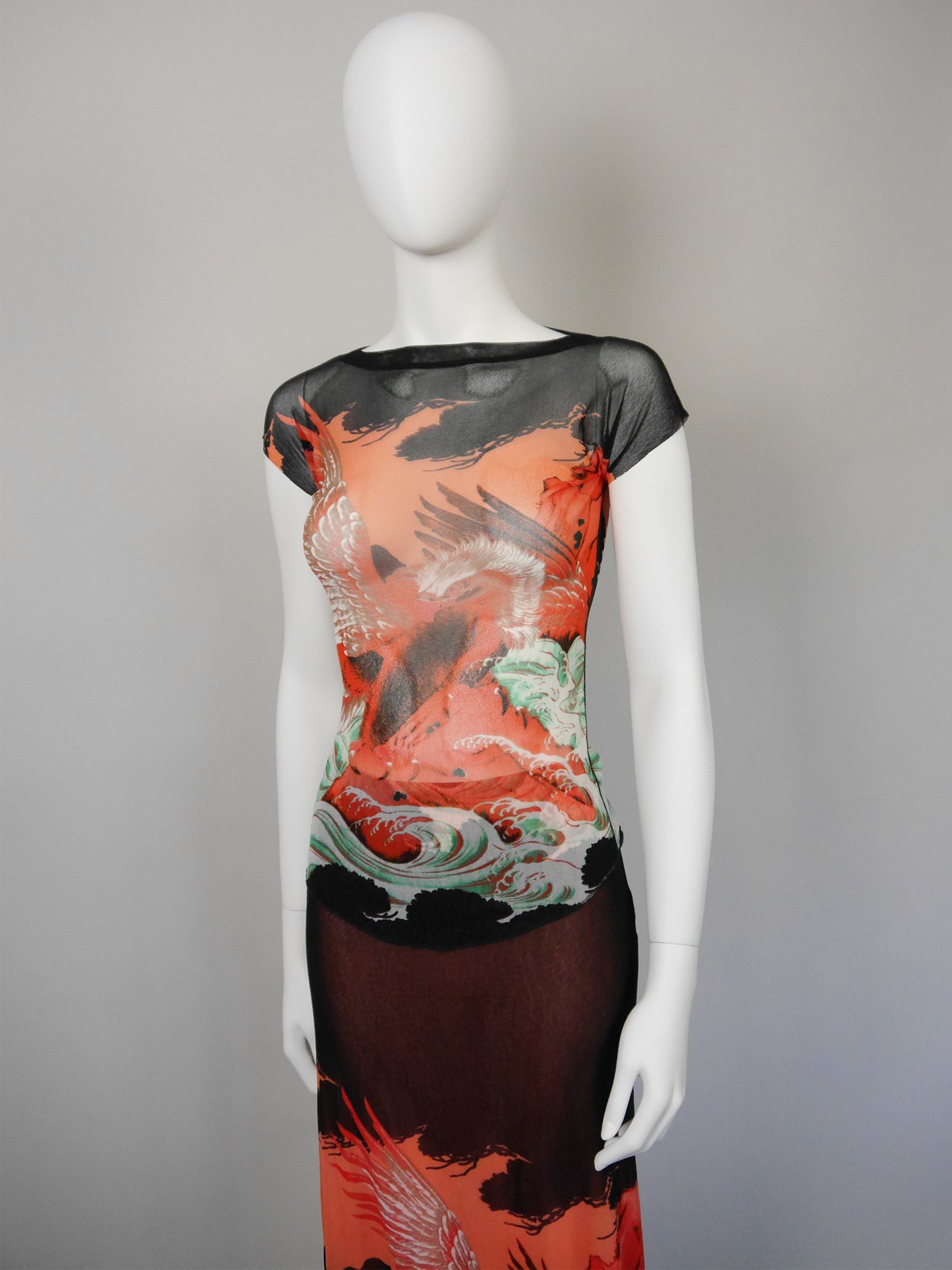 JEAN PAUL GAULTIER 1990s Vintage Mesh Shirt & Maxi Skirt Ensemble Dragon Eagle Print