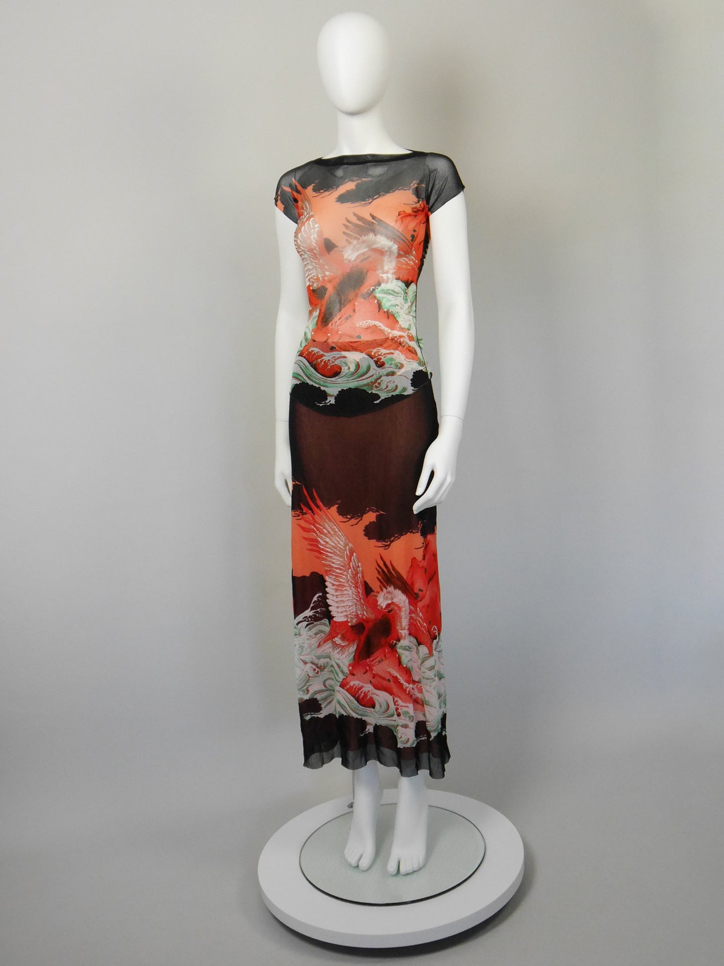 JEAN PAUL GAULTIER 1990s Vintage Mesh Shirt & Maxi Skirt Ensemble Dragon Eagle Print