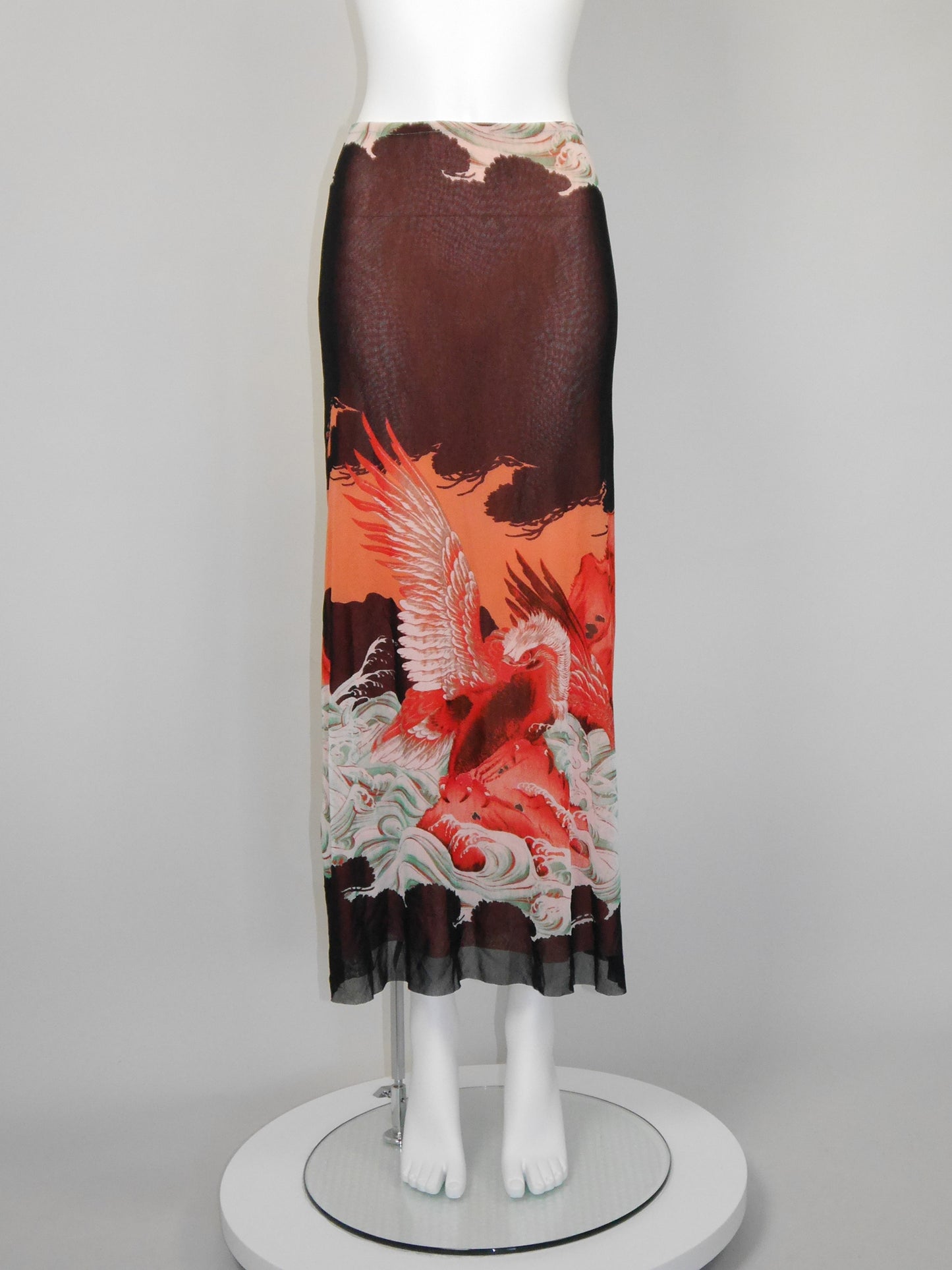 JEAN PAUL GAULTIER 1990s Vintage Mesh Shirt & Maxi Skirt Ensemble Dragon Eagle Print