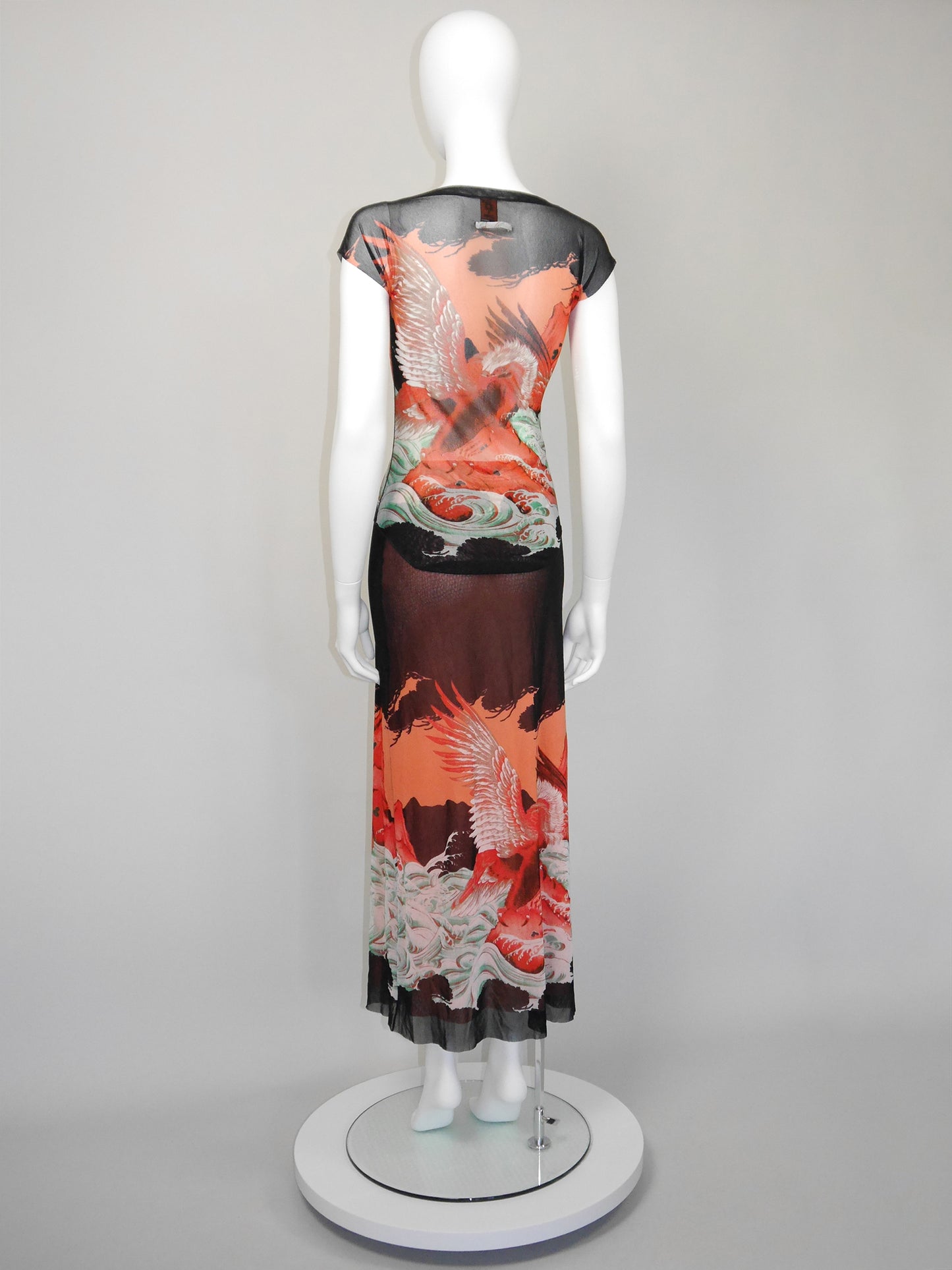 JEAN PAUL GAULTIER 1990s Vintage Mesh Shirt & Maxi Skirt Ensemble Dragon Eagle Print
