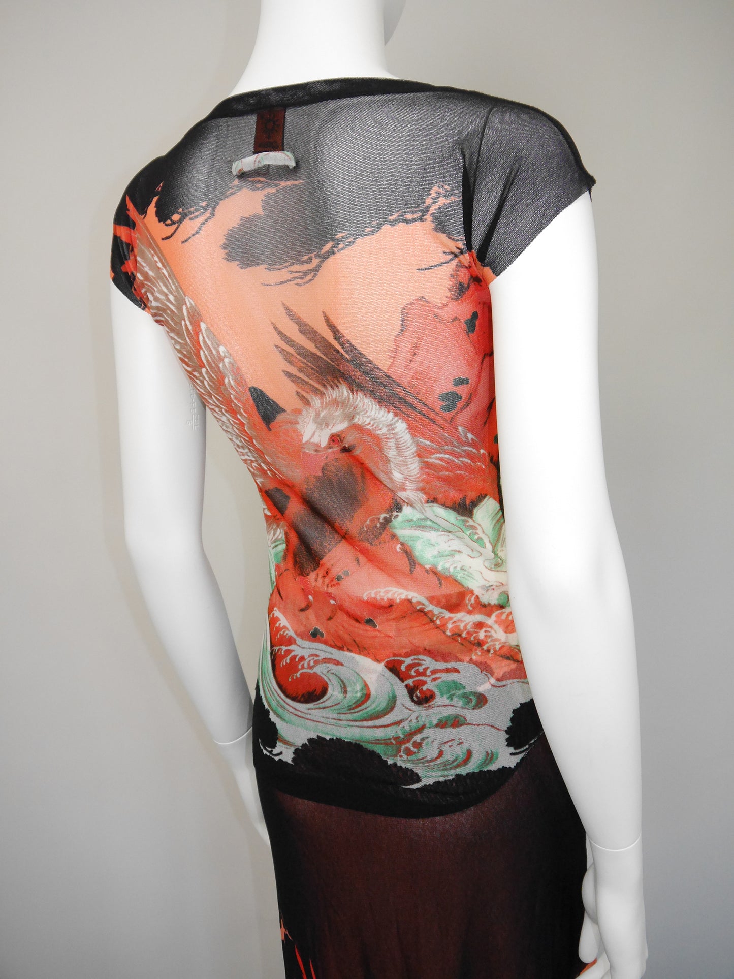JEAN PAUL GAULTIER 1990s Vintage Mesh Shirt & Maxi Skirt Ensemble Dragon Eagle Print
