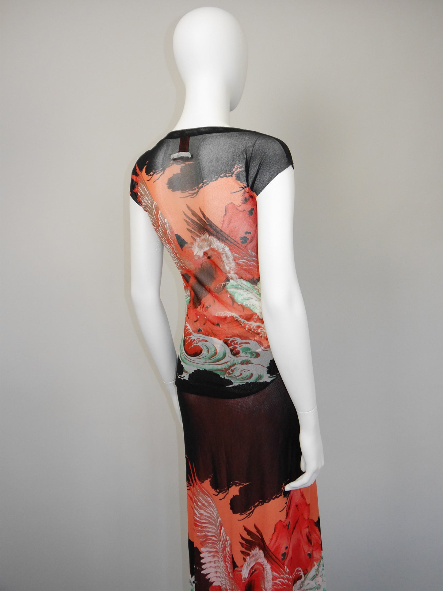 JEAN PAUL GAULTIER 1990s Vintage Mesh Shirt & Maxi Skirt Ensemble Dragon Eagle Print