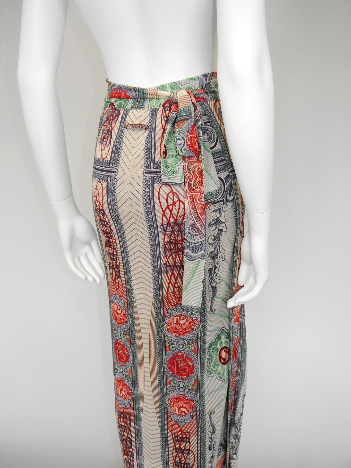 JEAN PAUL GAULTIER 1990s Vintage Money Bank Note Print Maxi Skirt Pareo Size XS-S