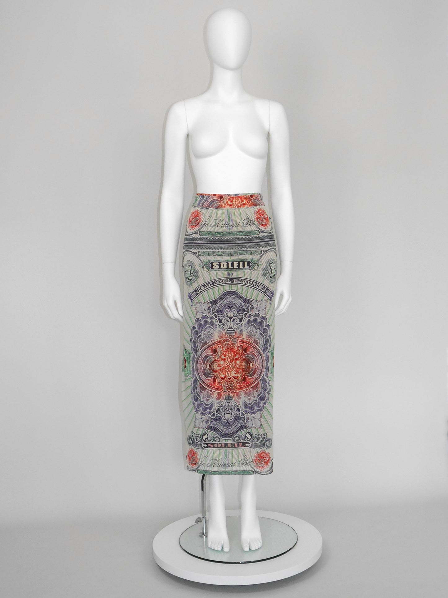 JEAN PAUL GAULTIER 1990s Vintage Money Bank Note Print Maxi Skirt Pareo Size XS-S