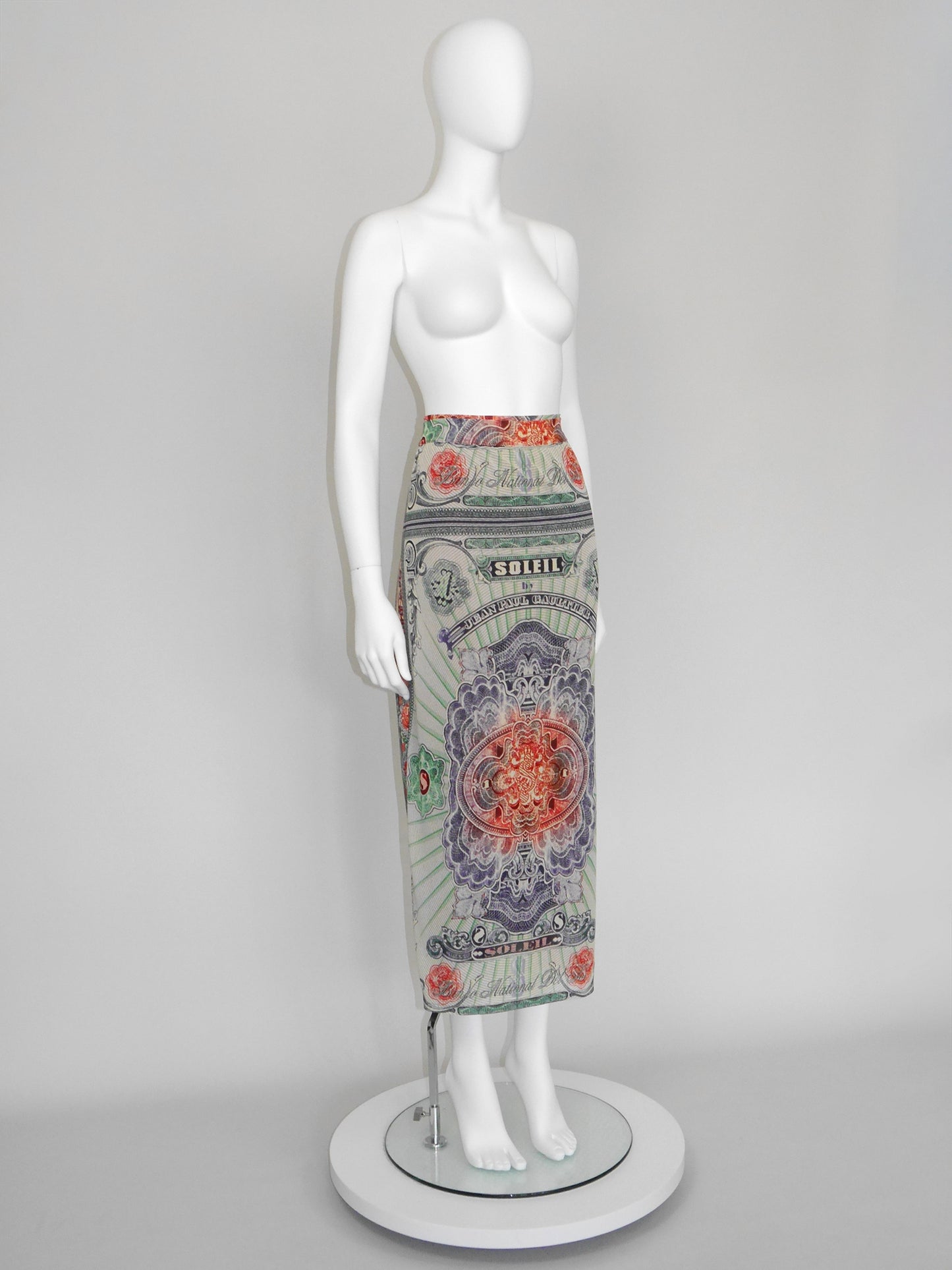 JEAN PAUL GAULTIER 1990s Vintage Money Bank Note Print Maxi Skirt Pareo Size XS-S