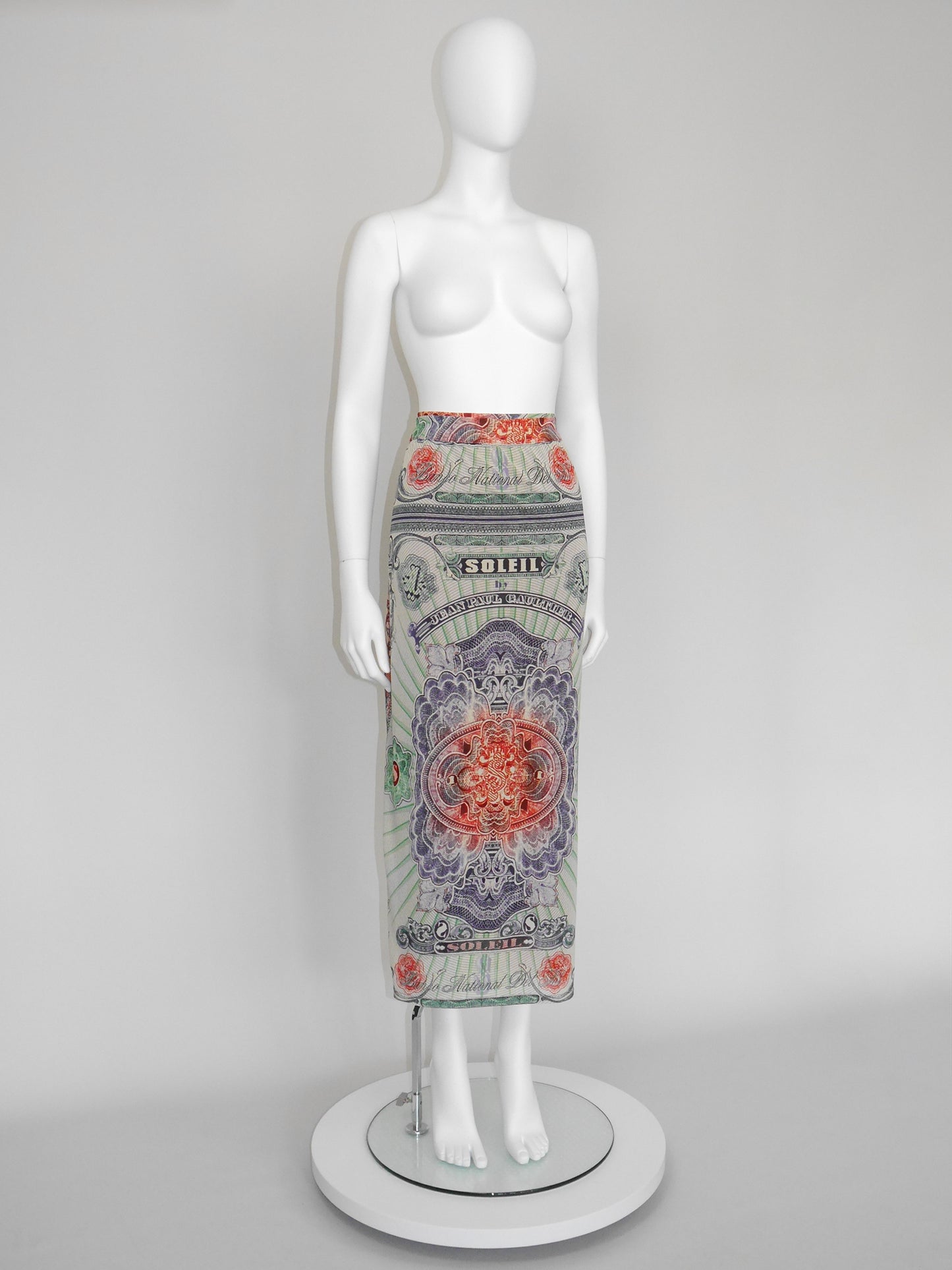 JEAN PAUL GAULTIER 1990s Vintage Money Bank Note Print Maxi Skirt Pareo Size XS-S