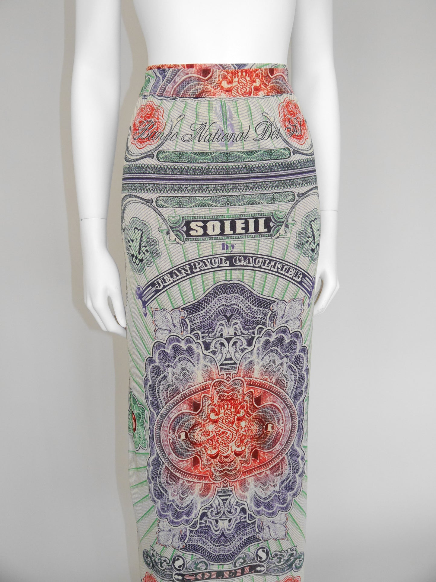 JEAN PAUL GAULTIER 1990s Vintage Money Bank Note Print Maxi Skirt Pareo Size XS-S