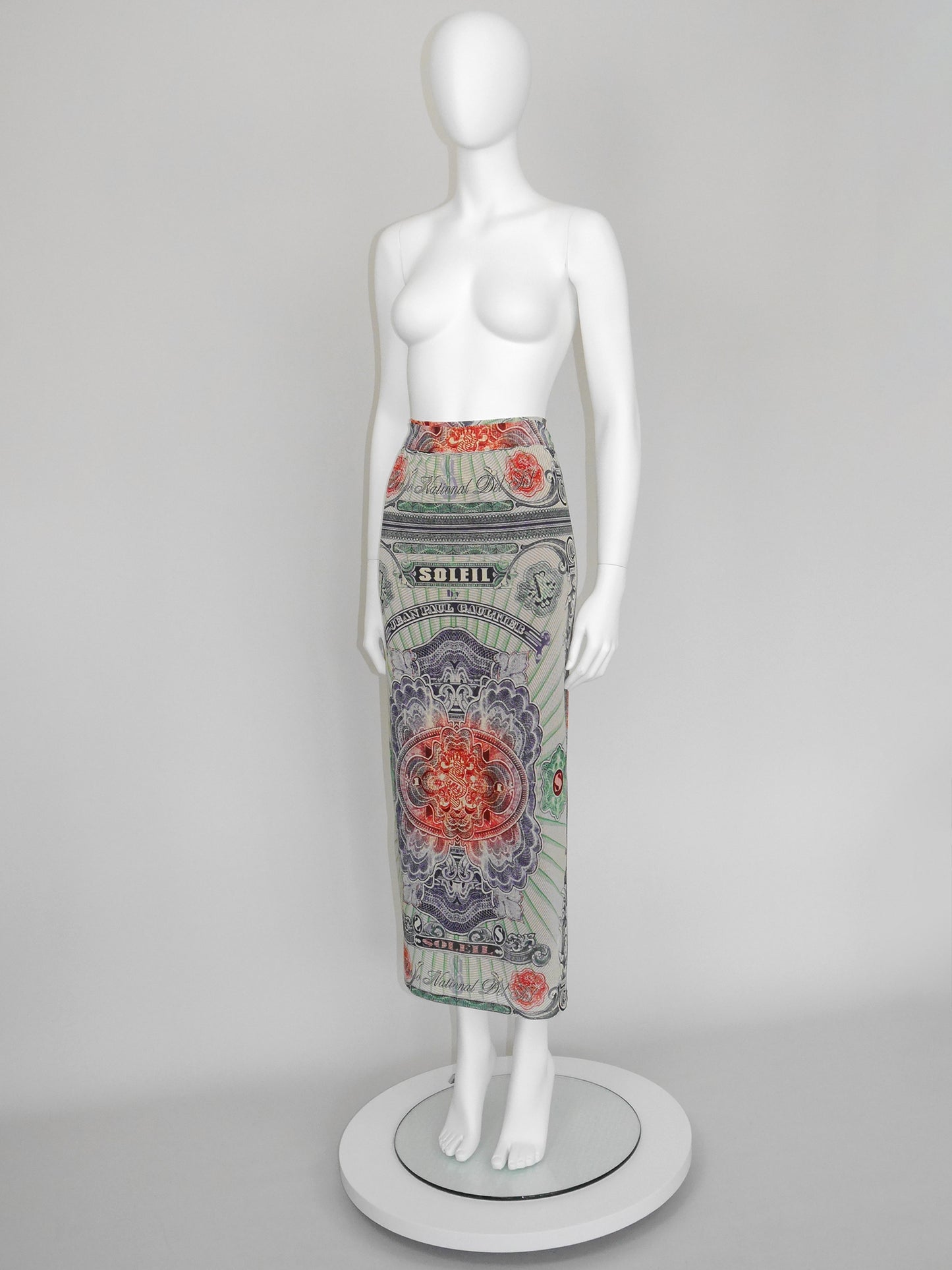 JEAN PAUL GAULTIER 1990s Vintage Money Bank Note Print Maxi Skirt Pareo Size XS-S