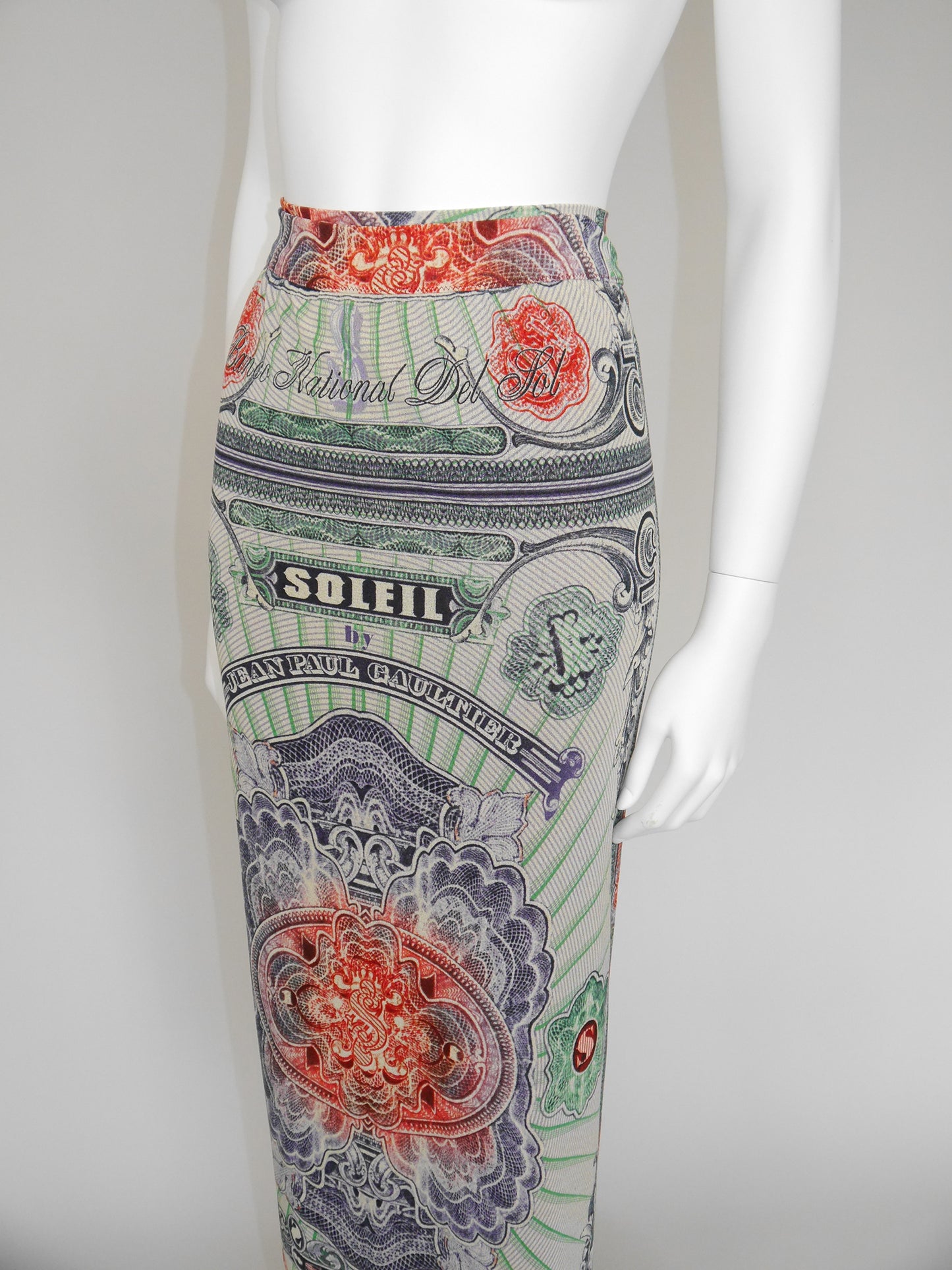 JEAN PAUL GAULTIER 1990s Vintage Money Bank Note Print Maxi Skirt Pareo Size XS-S