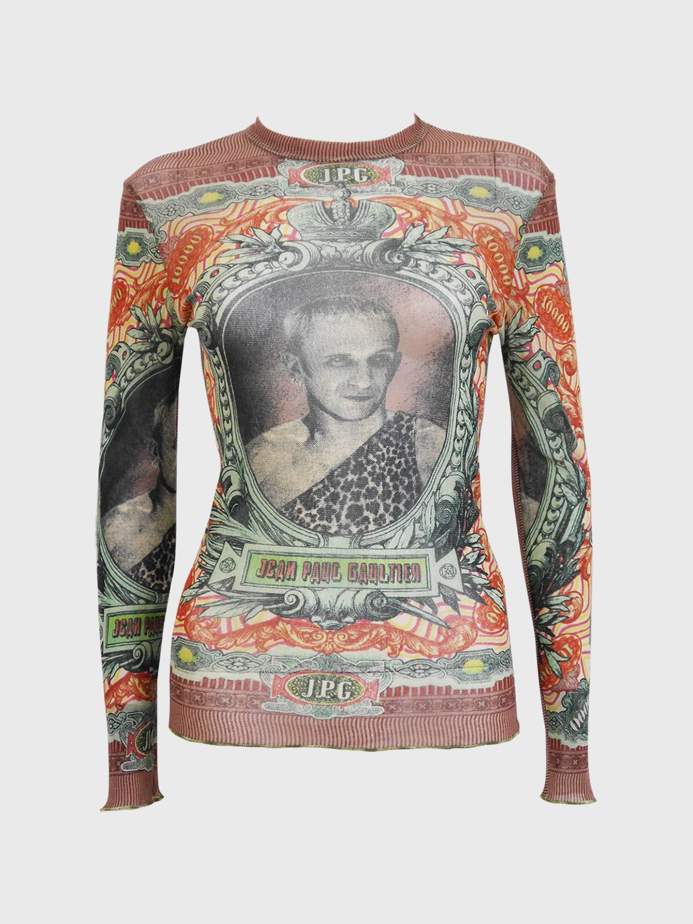 JEAN PAUL GAULTIER 1990s Vintage Money Self Portrait Tattoo Mesh Longsleeve Top