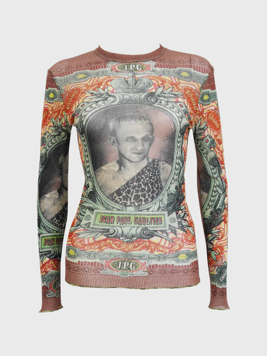 JEAN PAUL GAULTIER 1990s Vintage Money Self Portrait Tattoo Mesh Longsleeve Top