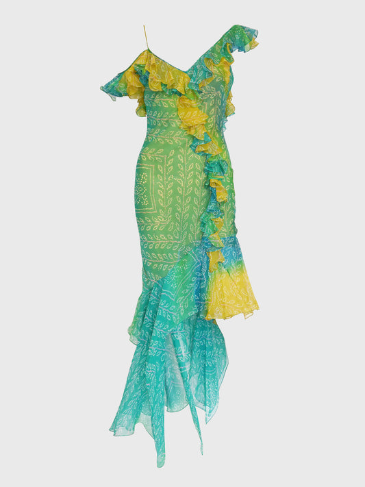 JOHN GALLIANO Spring 2003 Vintage Asymmetrical Ruffled Bias Cut Maxi Evening Dress