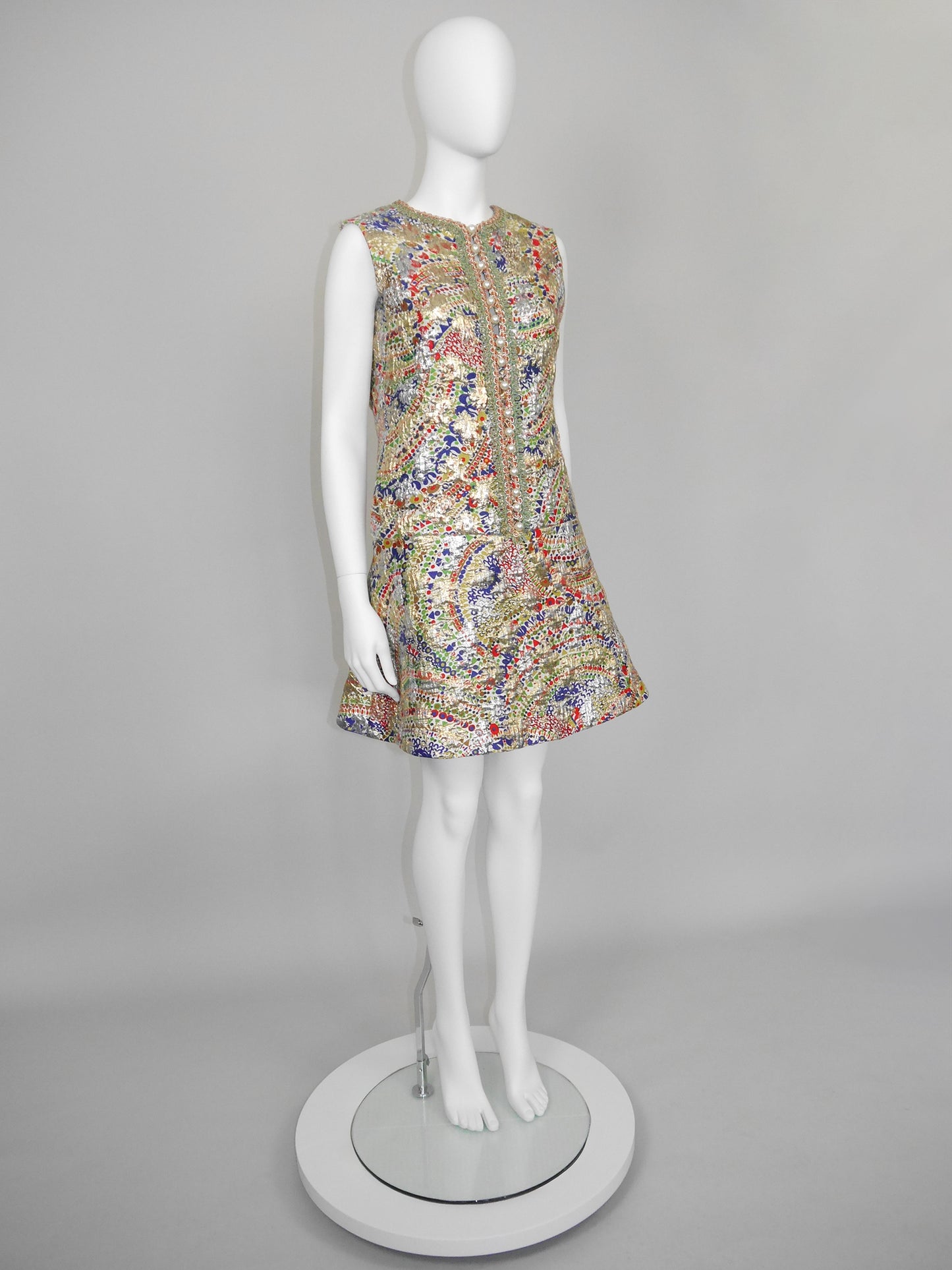 LANVIN 1960s Vintage Couture Metallic Brocade Party Evening Mini Dress Size L