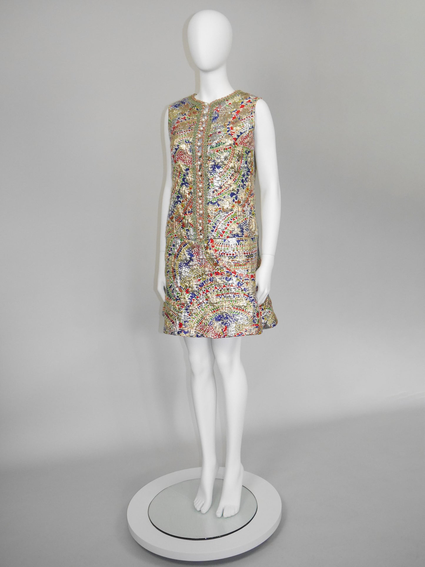 LANVIN 1960s Vintage Couture Metallic Brocade Party Evening Mini Dress Size L