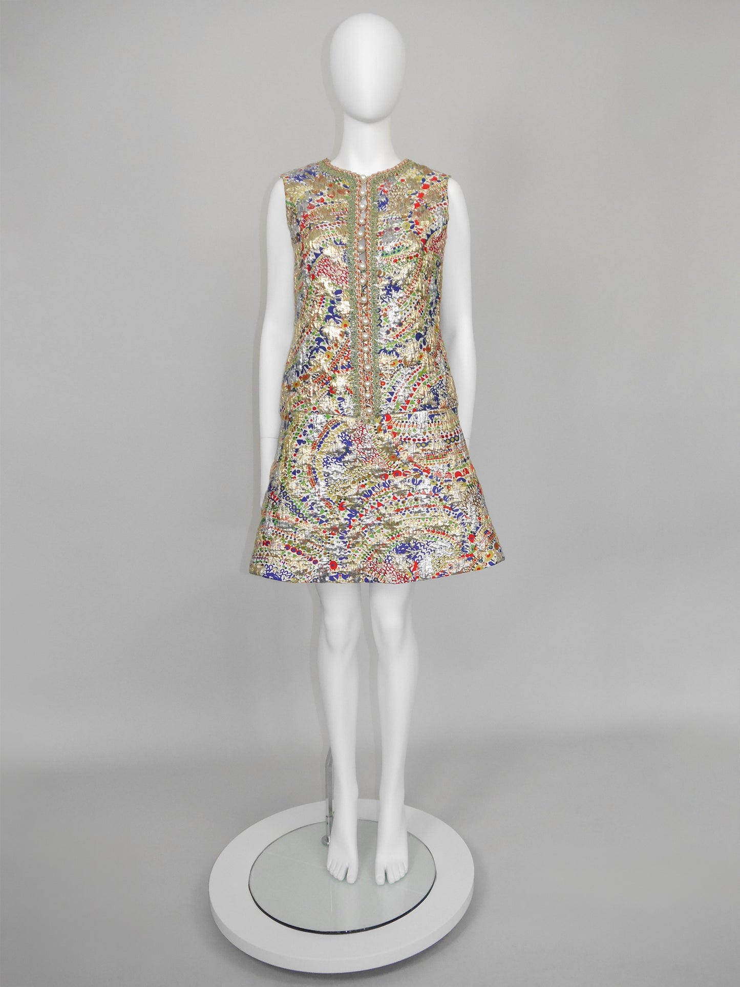 LANVIN 1960s Vintage Couture Metallic Brocade Party Evening Mini Dress Size L