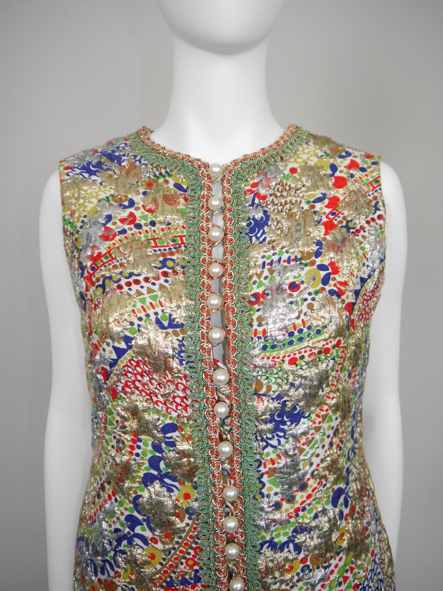 LANVIN 1960s Vintage Couture Metallic Brocade Party Evening Mini Dress Size L