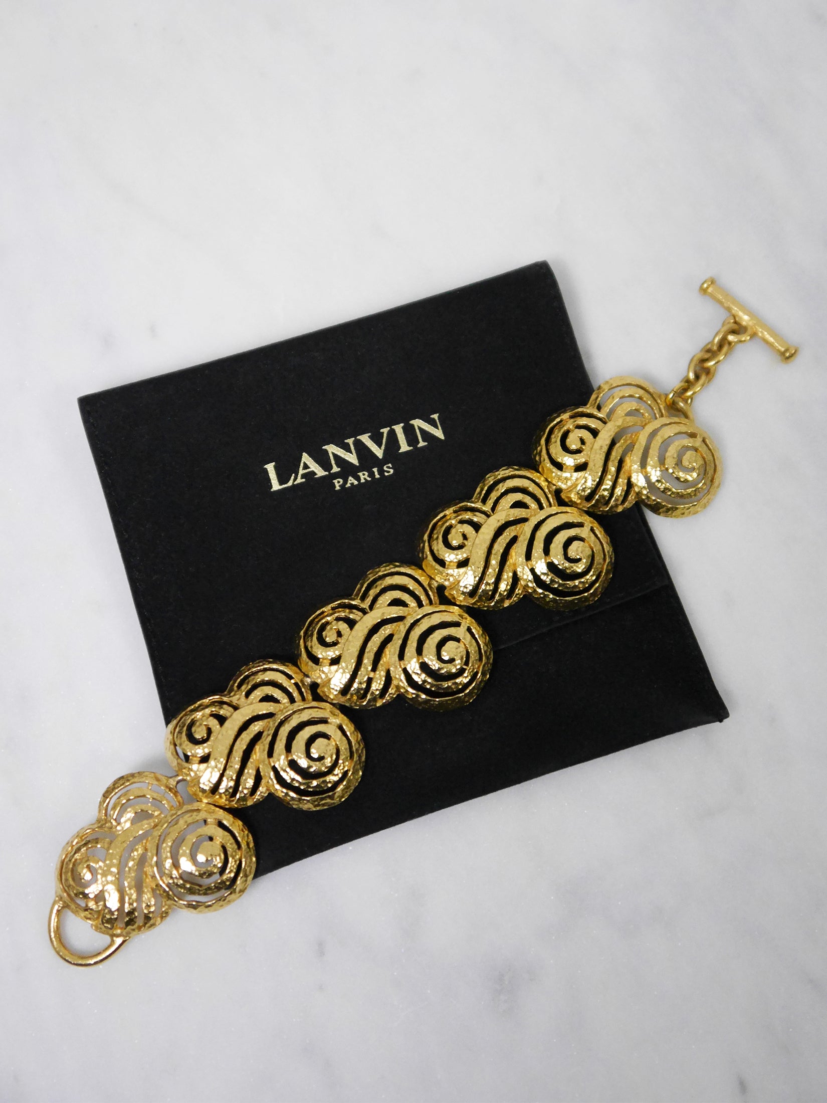 LANVIN Vintage Gold Tone Ornamental Openwork Statement Bracelet