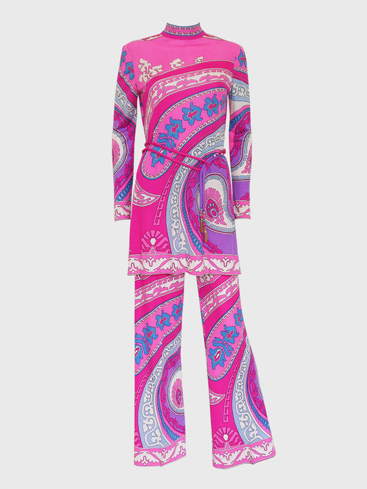 LEONARD 1960s 1970s Vintage 3 Pc. Pink Signature Print Silk Pant Suit