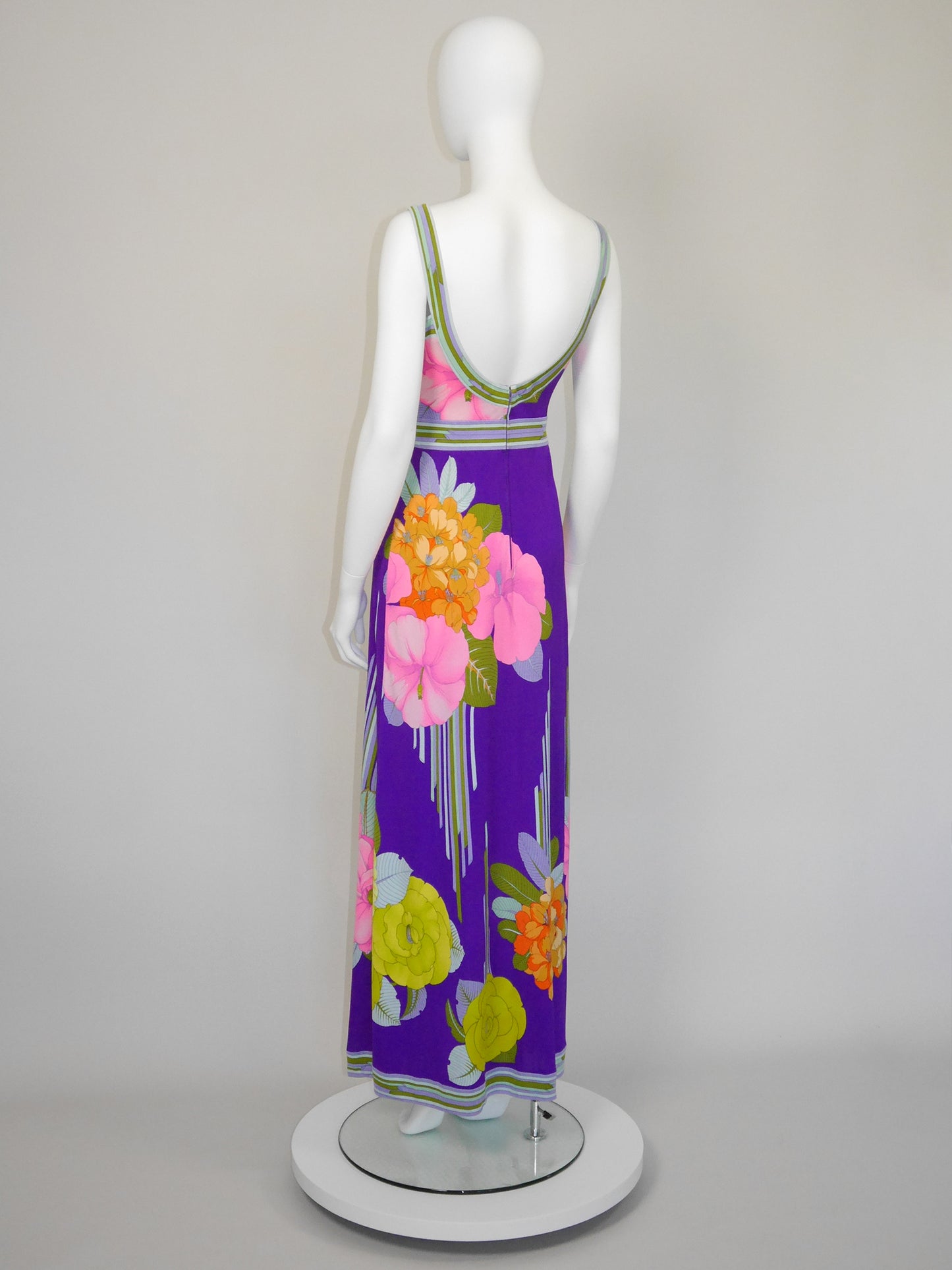 LEONARD 1970s Vintage Purple Silk Jersey Maxi Dress w/ Floral Signature Print Size XS