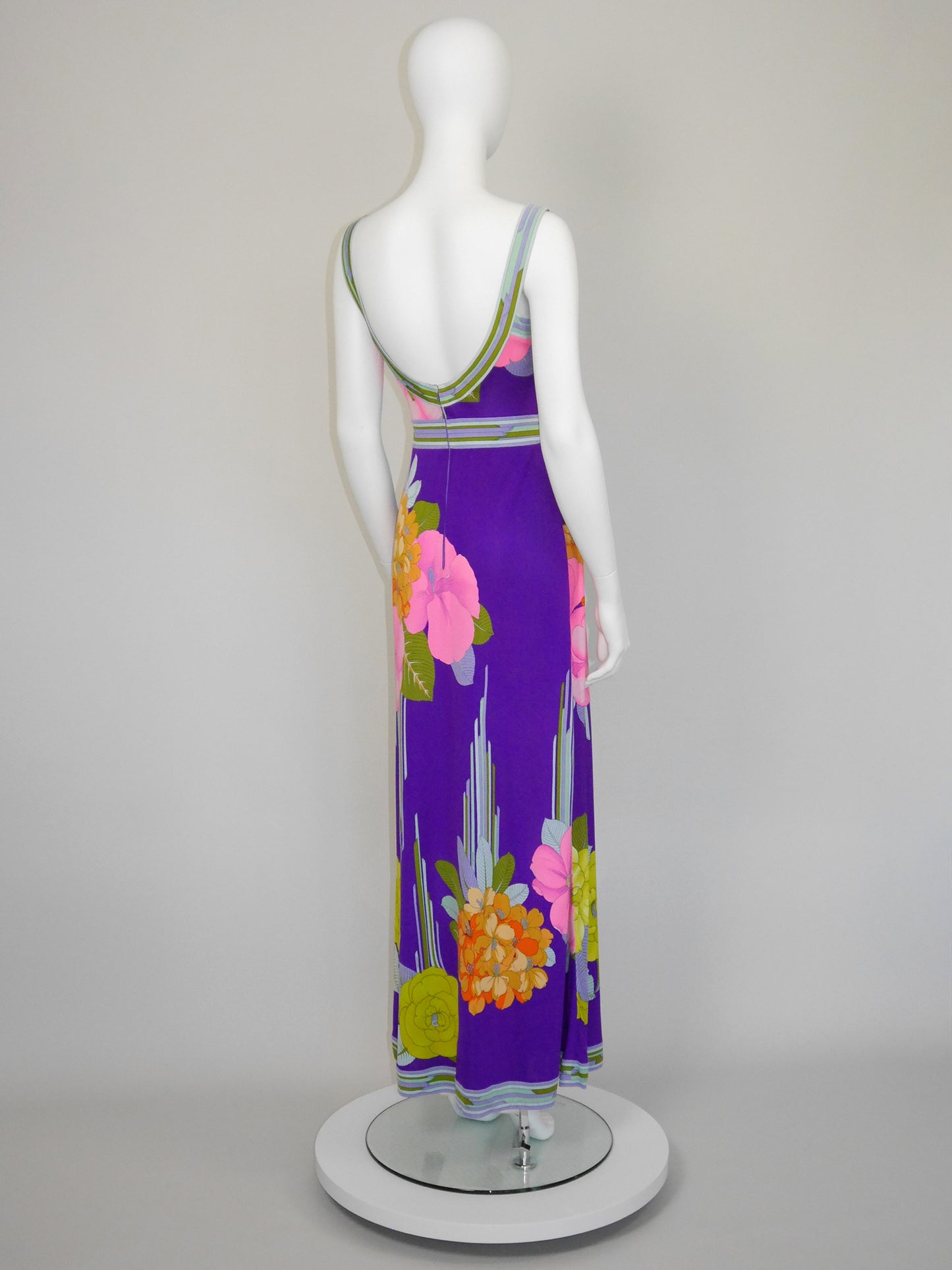LEONARD 1970s Vintage Purple Silk Jersey Maxi Dress w/ Floral Signature Print Size XS