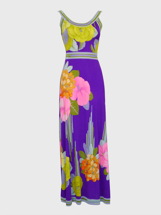LEONARD 1970s Vintage Purple Silk Jersey Maxi Dress w/ Floral Signature Print Size XS
