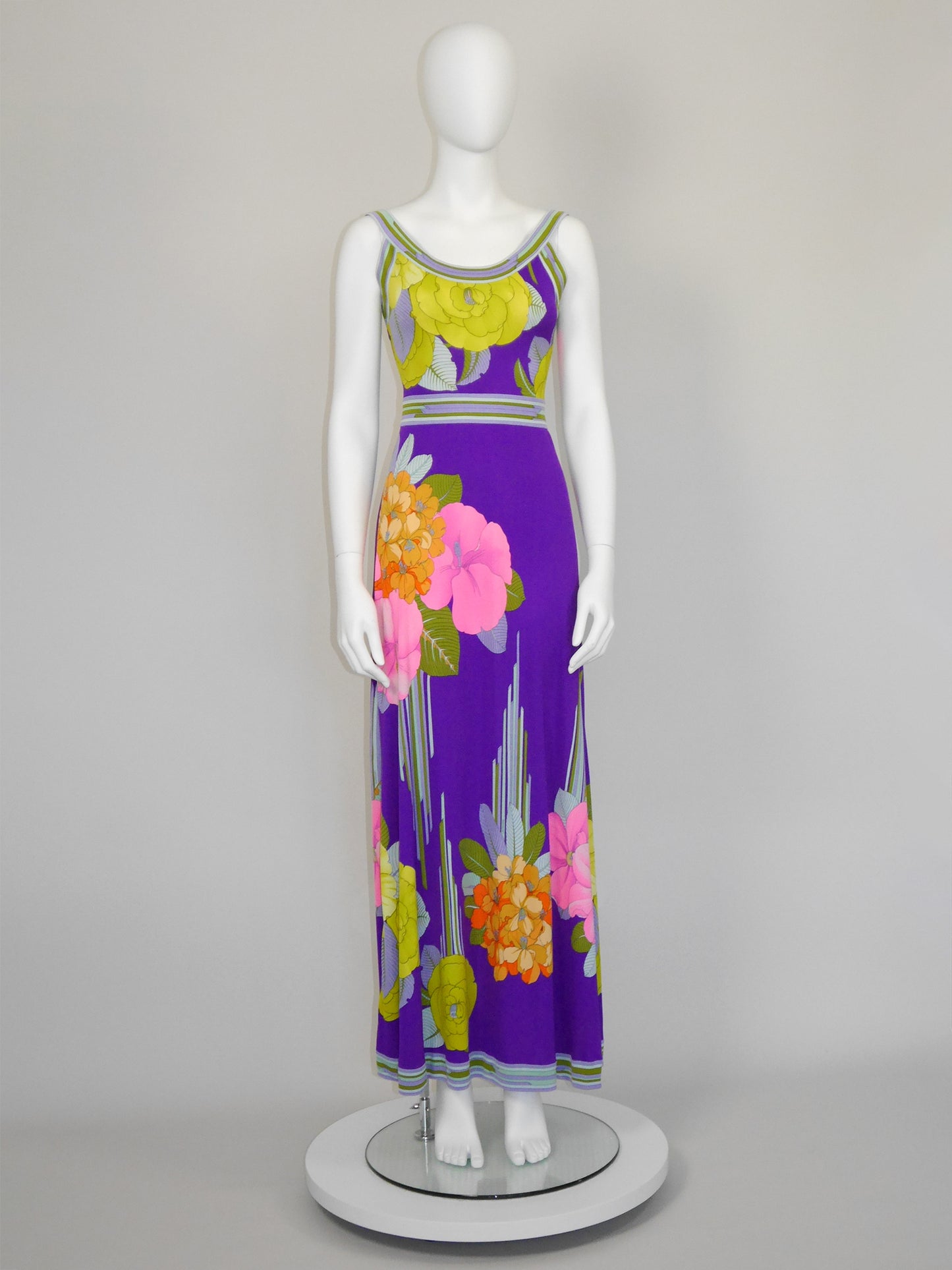 LEONARD 1970s Vintage Purple Silk Jersey Maxi Dress w/ Floral Signature Print Size XS