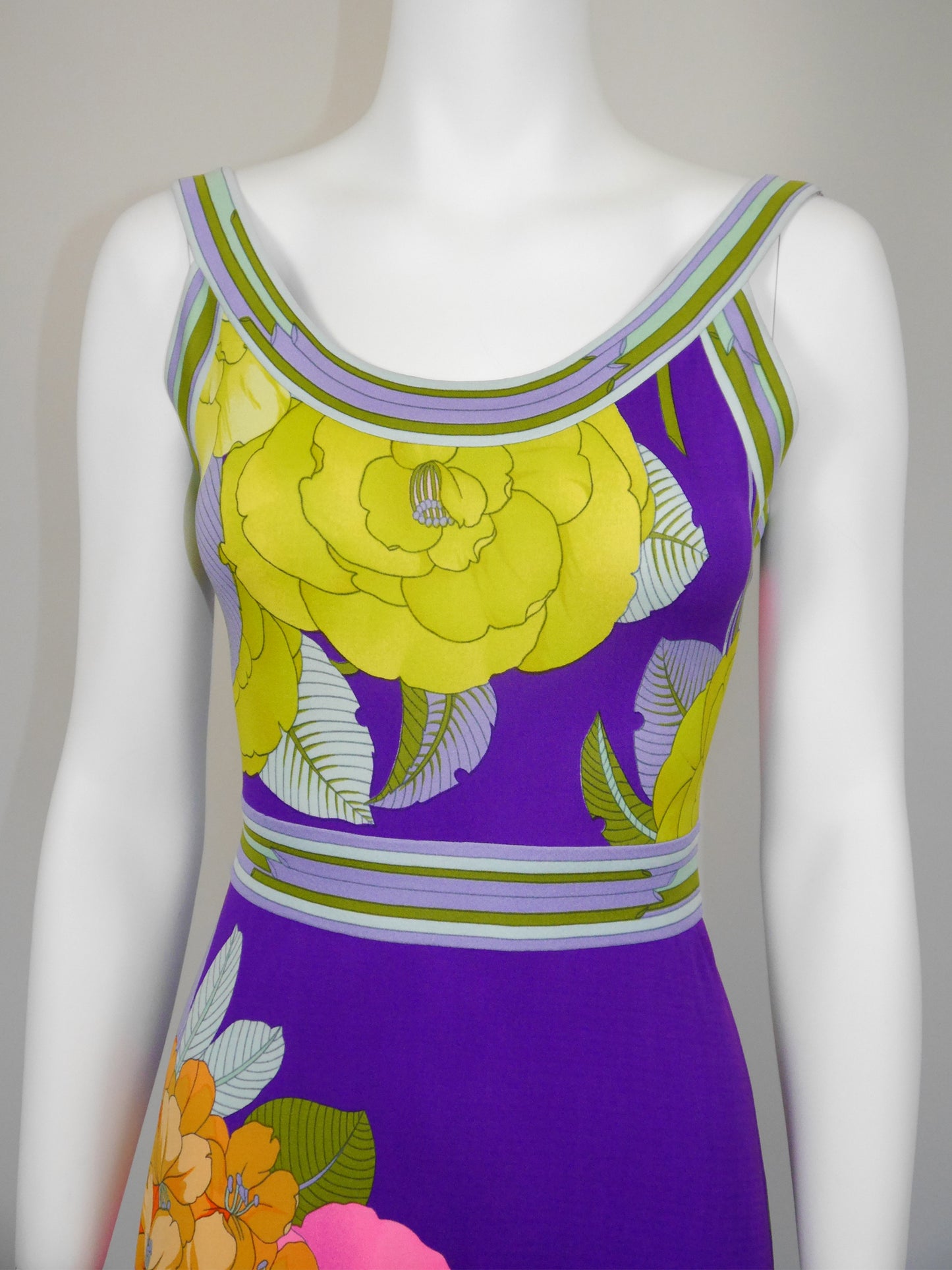 LEONARD 1970s Vintage Purple Silk Jersey Maxi Dress w/ Floral Signature Print Size XS
