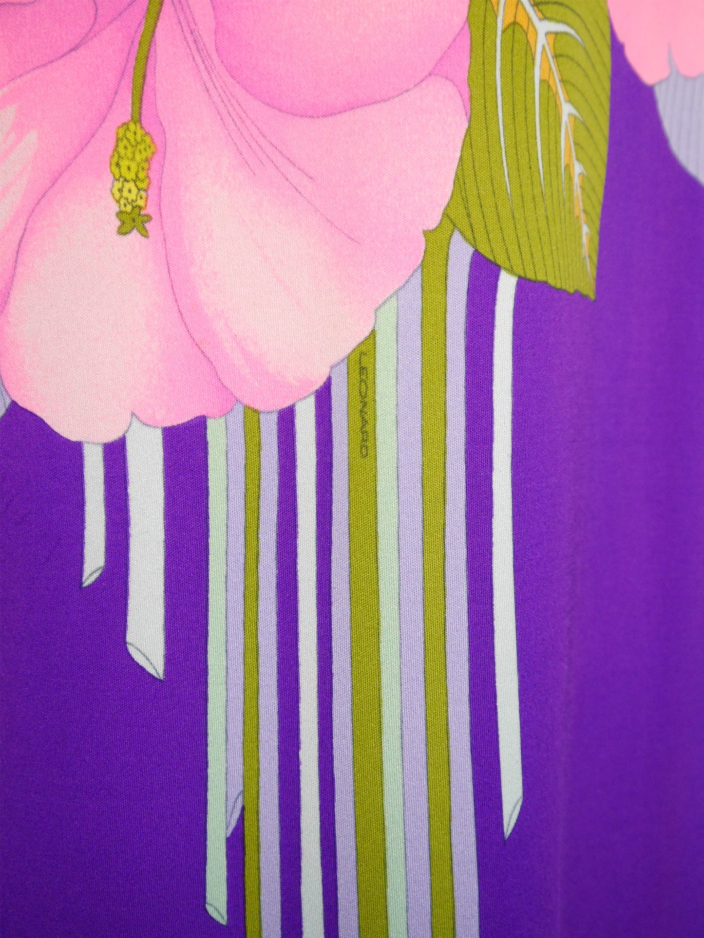 LEONARD 1970s Vintage Purple Silk Jersey Maxi Dress w/ Floral Signature Print Size XS