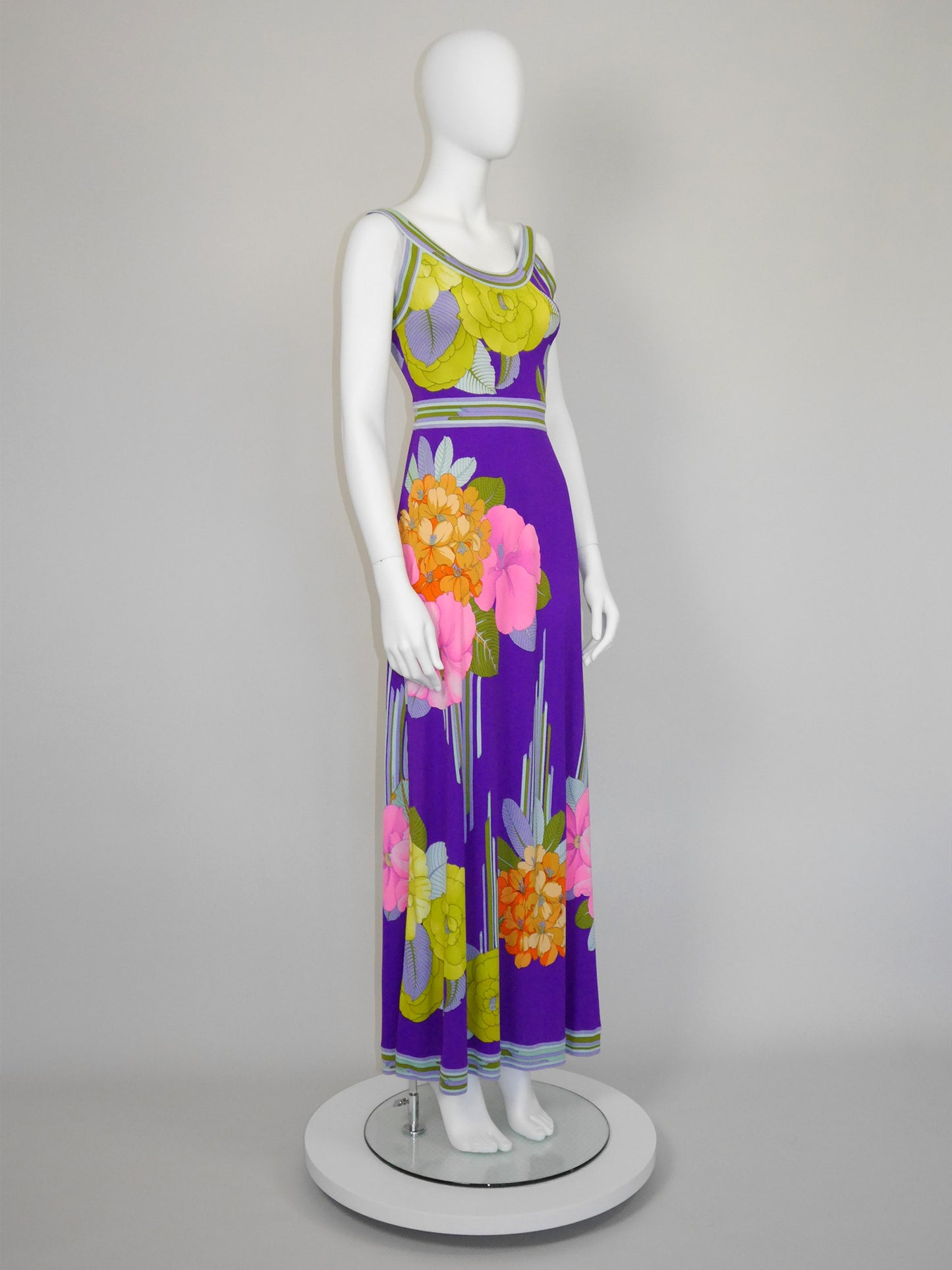 LEONARD 1970s Vintage Purple Silk Jersey Maxi Dress w/ Floral Signature Print Size XS