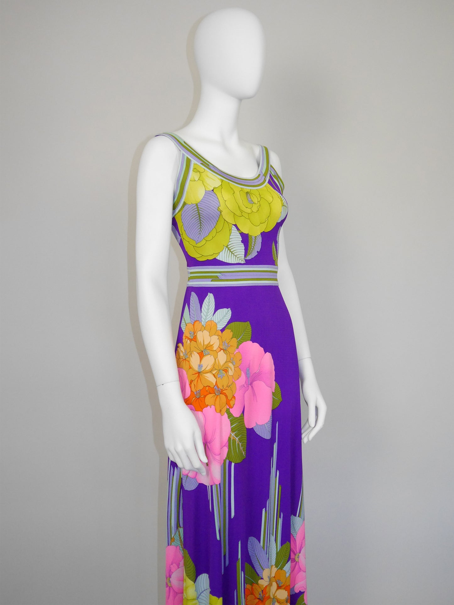 LEONARD 1970s Vintage Purple Silk Jersey Maxi Dress w/ Floral Signature Print Size XS