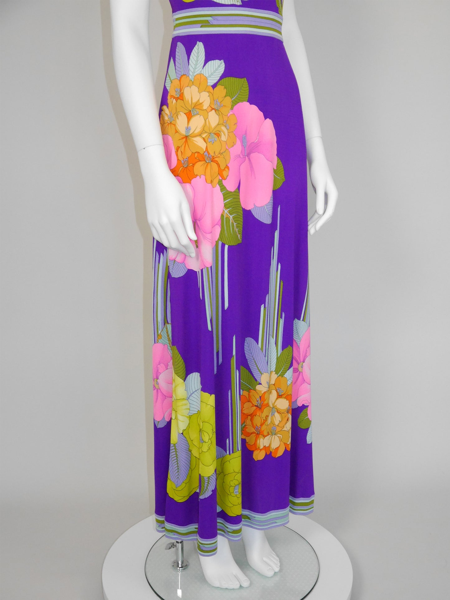 LEONARD 1970s Vintage Purple Silk Jersey Maxi Dress w/ Floral Signature Print Size XS