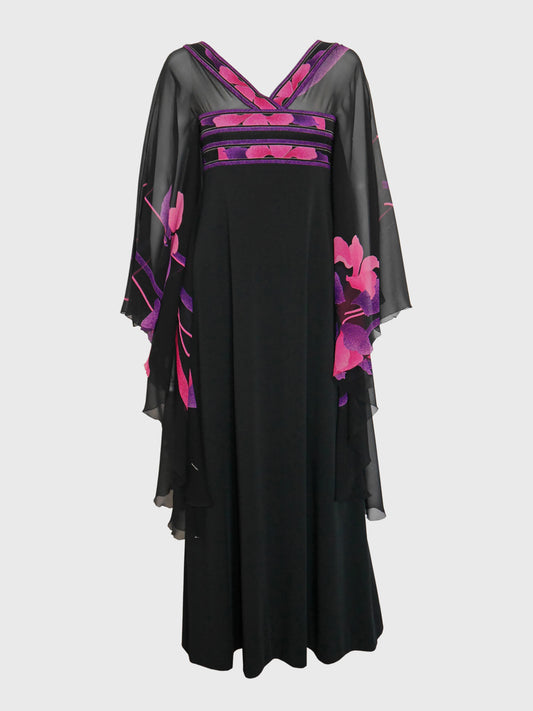 LEONARD Documented 1970s Vintage Silk Caftan Evening Dress