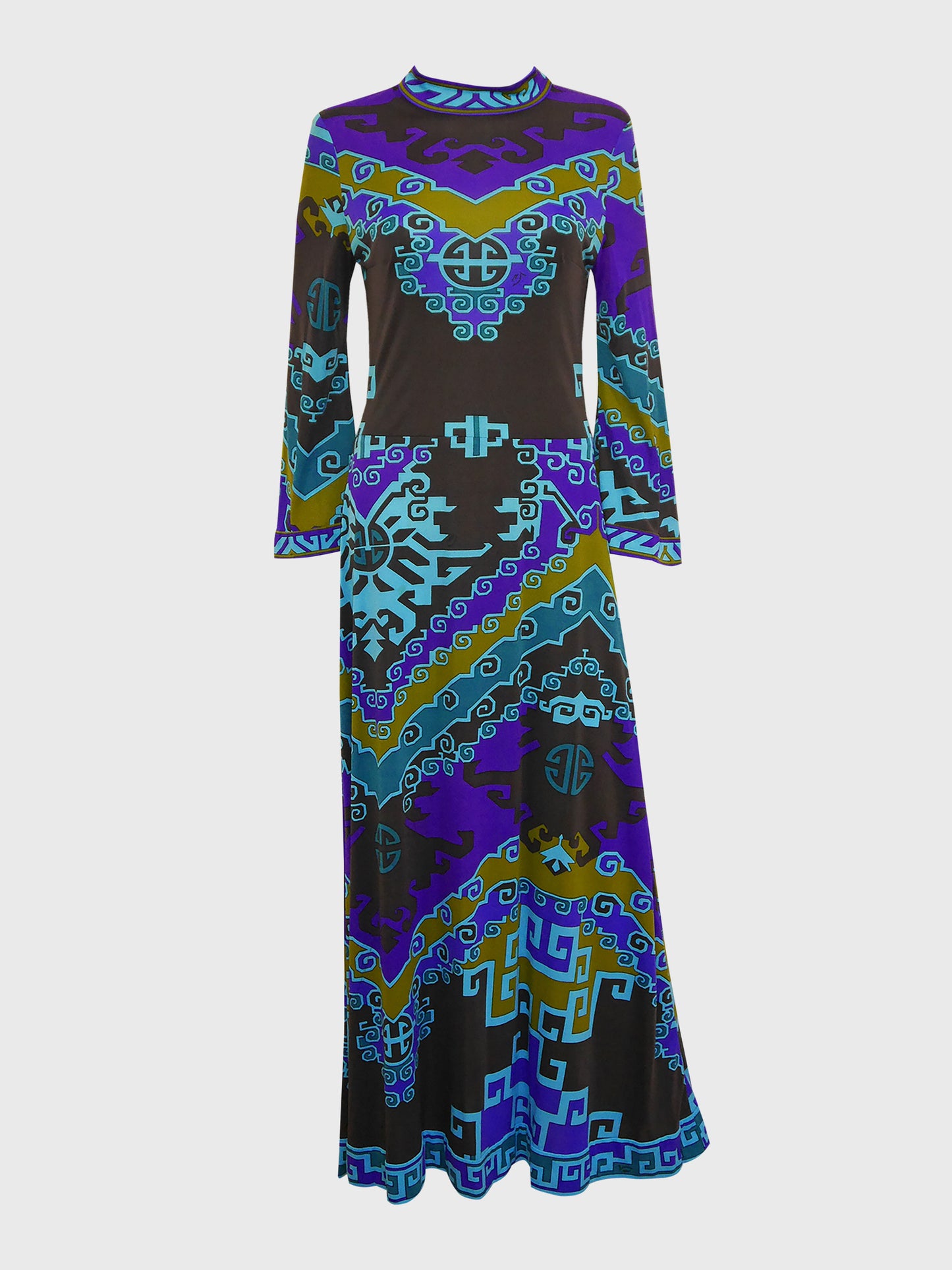 LEONARD 1970s Vintage Signature Print Silk Maxi Dress