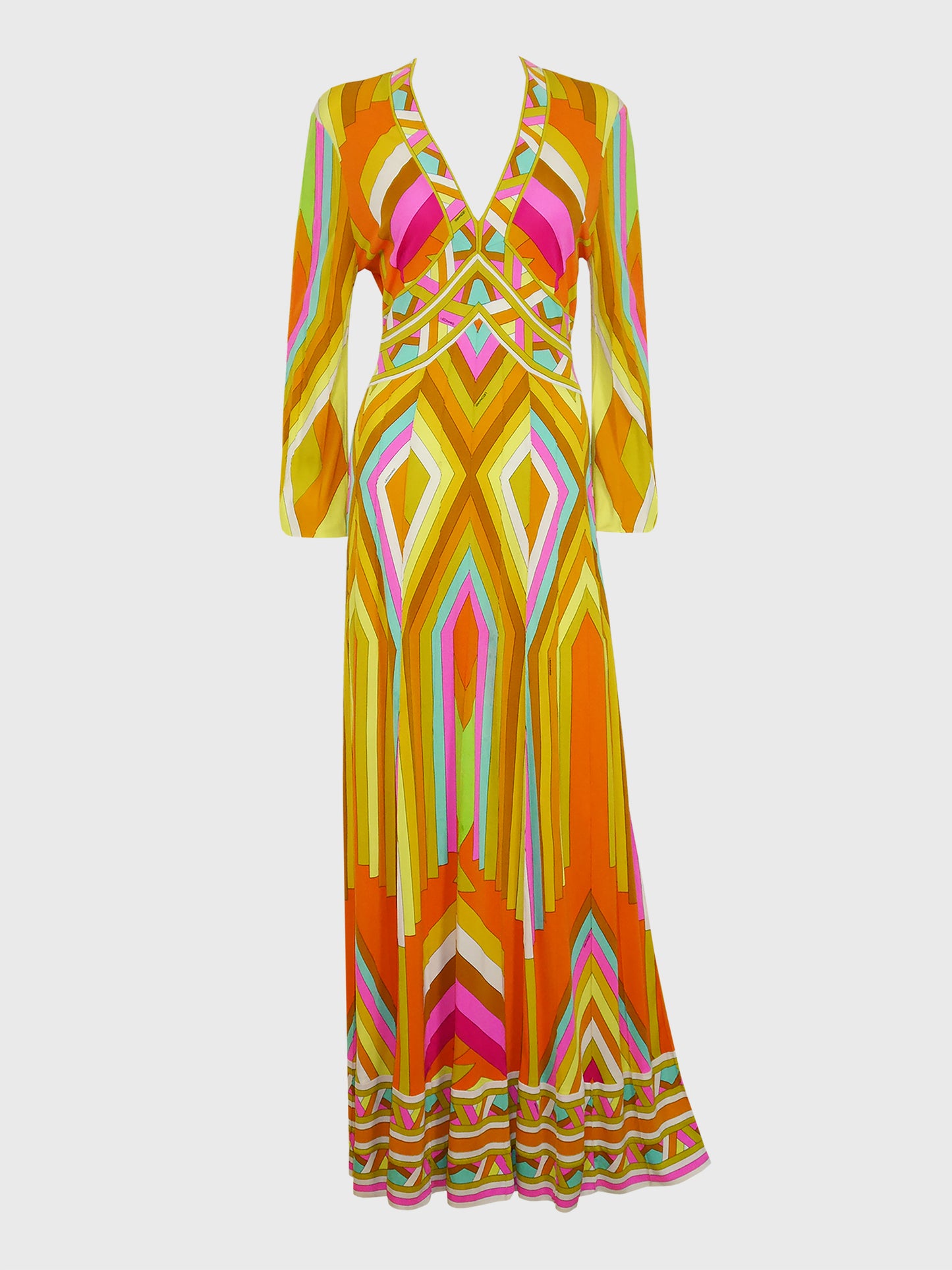 LEONARD c. 1973 Vintage Silk Jersey Maxi Dress Yellow Signature Print