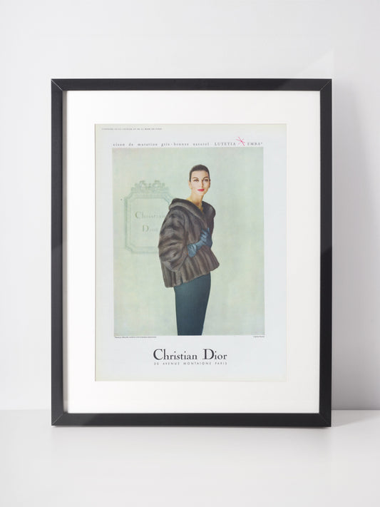 CHRISTIAN DIOR 1958 Vintage Print Magazine Advertisement Fashion Fur 1950s