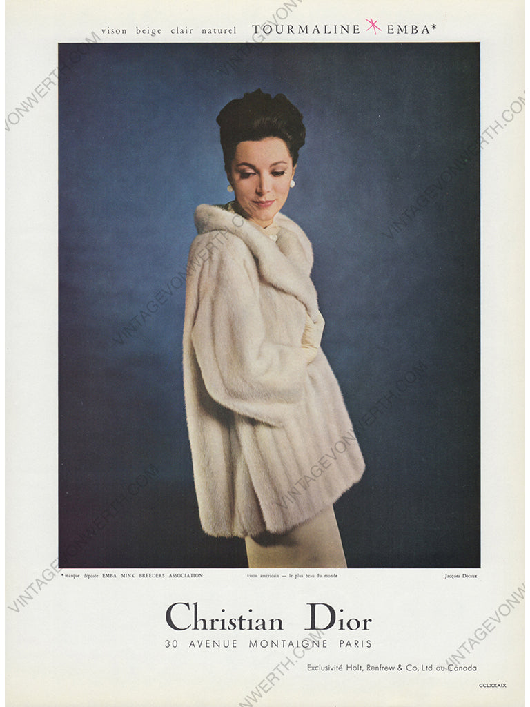 CHRISTIAN DIOR 1964 Vintage Advertisement 1960s Mink Fur Print Ad
