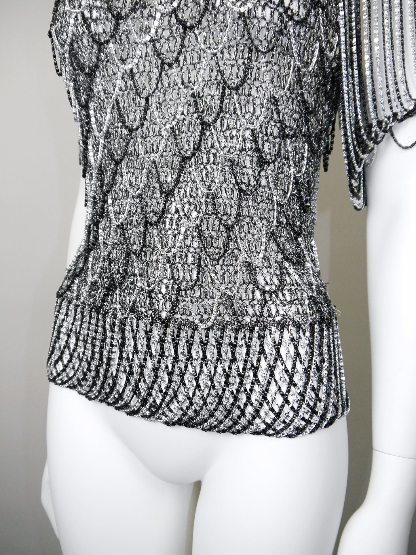LORIS AZZARO 1970s Vintage Silver & Black Chainmail Crochet Evening Top Size S